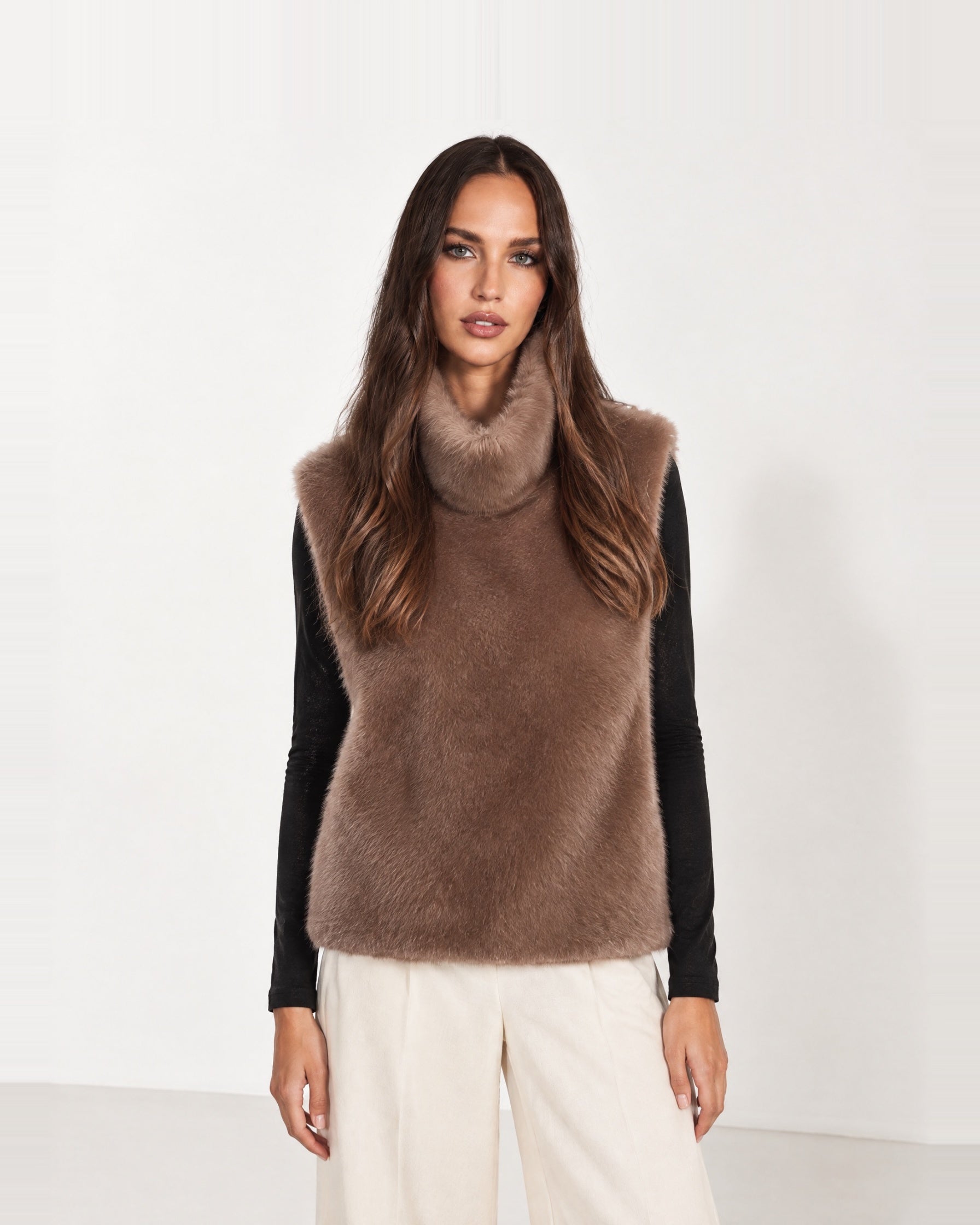 Camel Faux Fur Gilet Funnel Neck Sleeveless