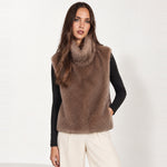 Camel Faux Fur Gilet Funnel Neck Sleeveless