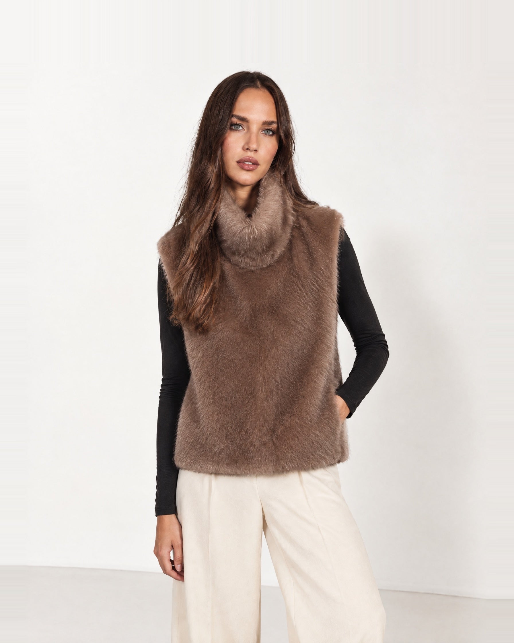 Camel Faux Fur Gilet Funnel Neck Sleeveless