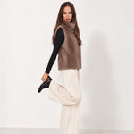 Camel Faux Fur Gilet Funnel Neck Sleeveless