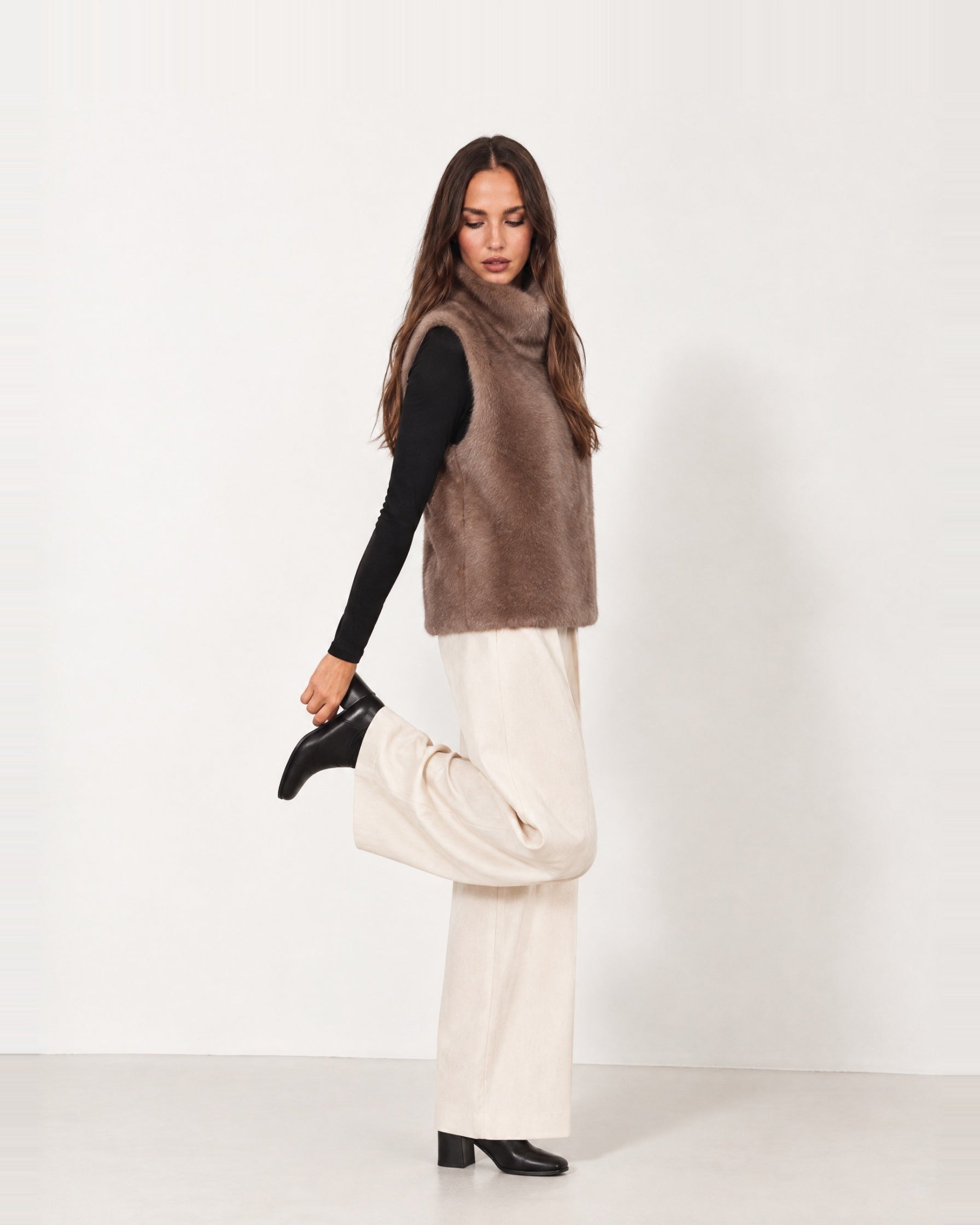 Camel Faux Fur Gilet Funnel Neck Sleeveless