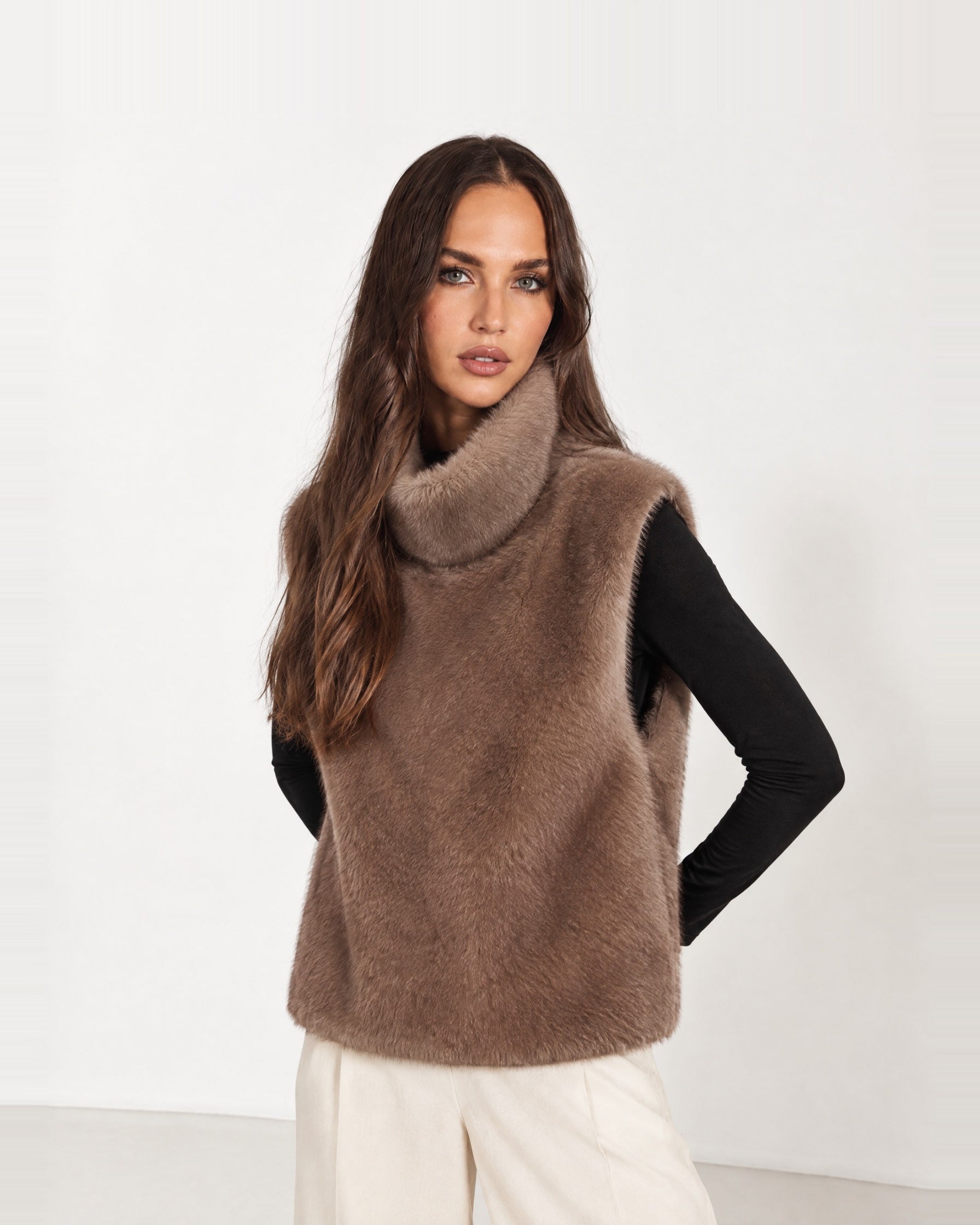 Camel Faux Fur Gilet Funnel Neck Sleeveless
