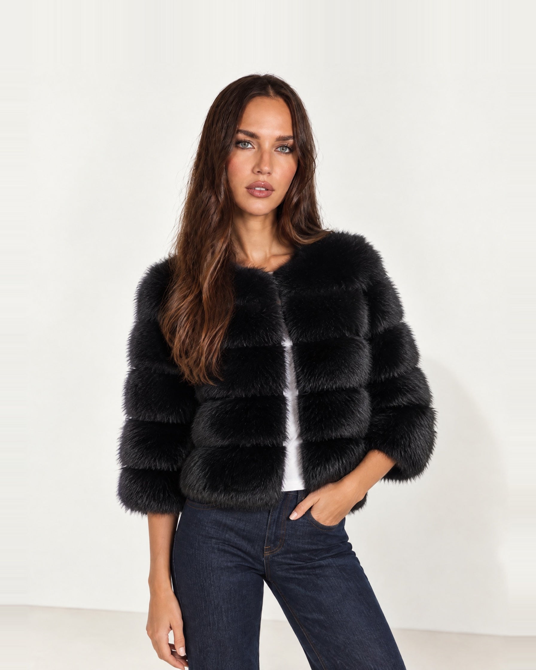 Black Faux Fur Jacket Tiered Cropped
