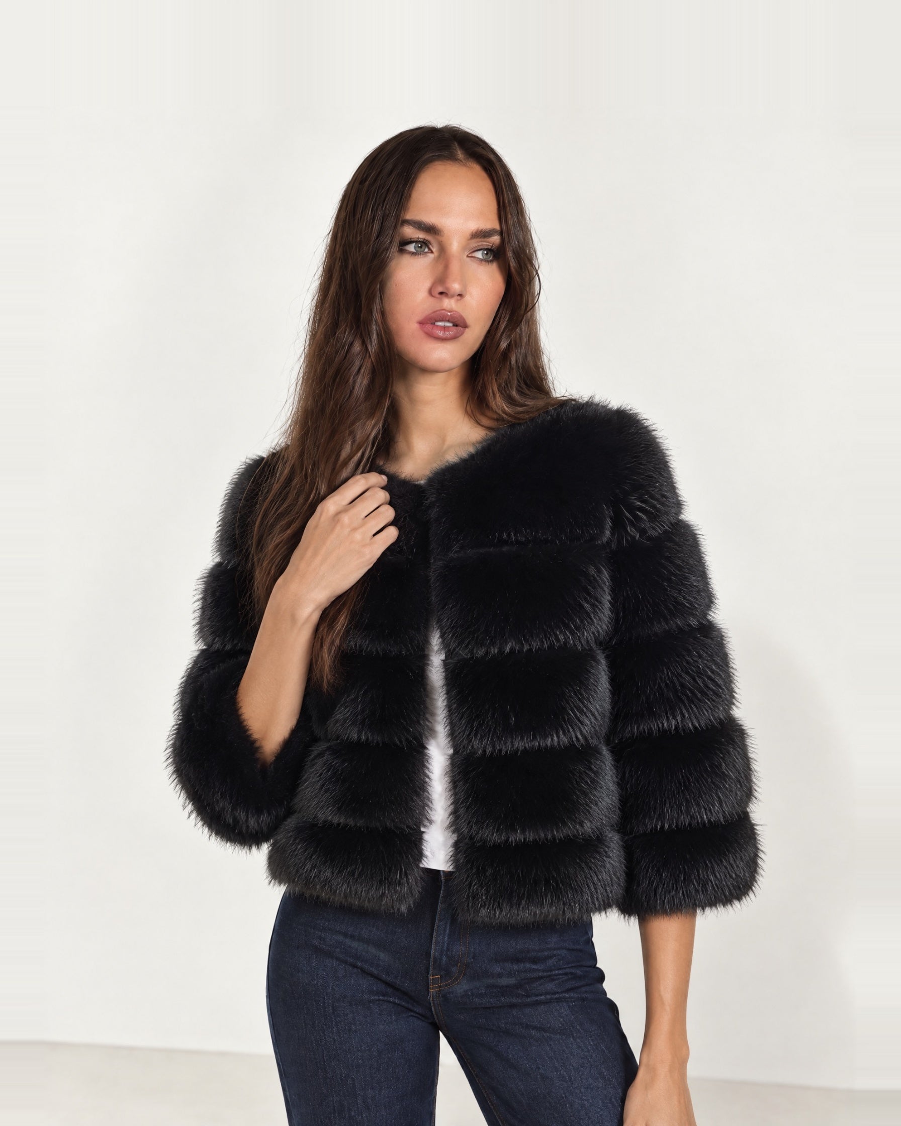 Black Faux Fur Jacket Tiered Cropped