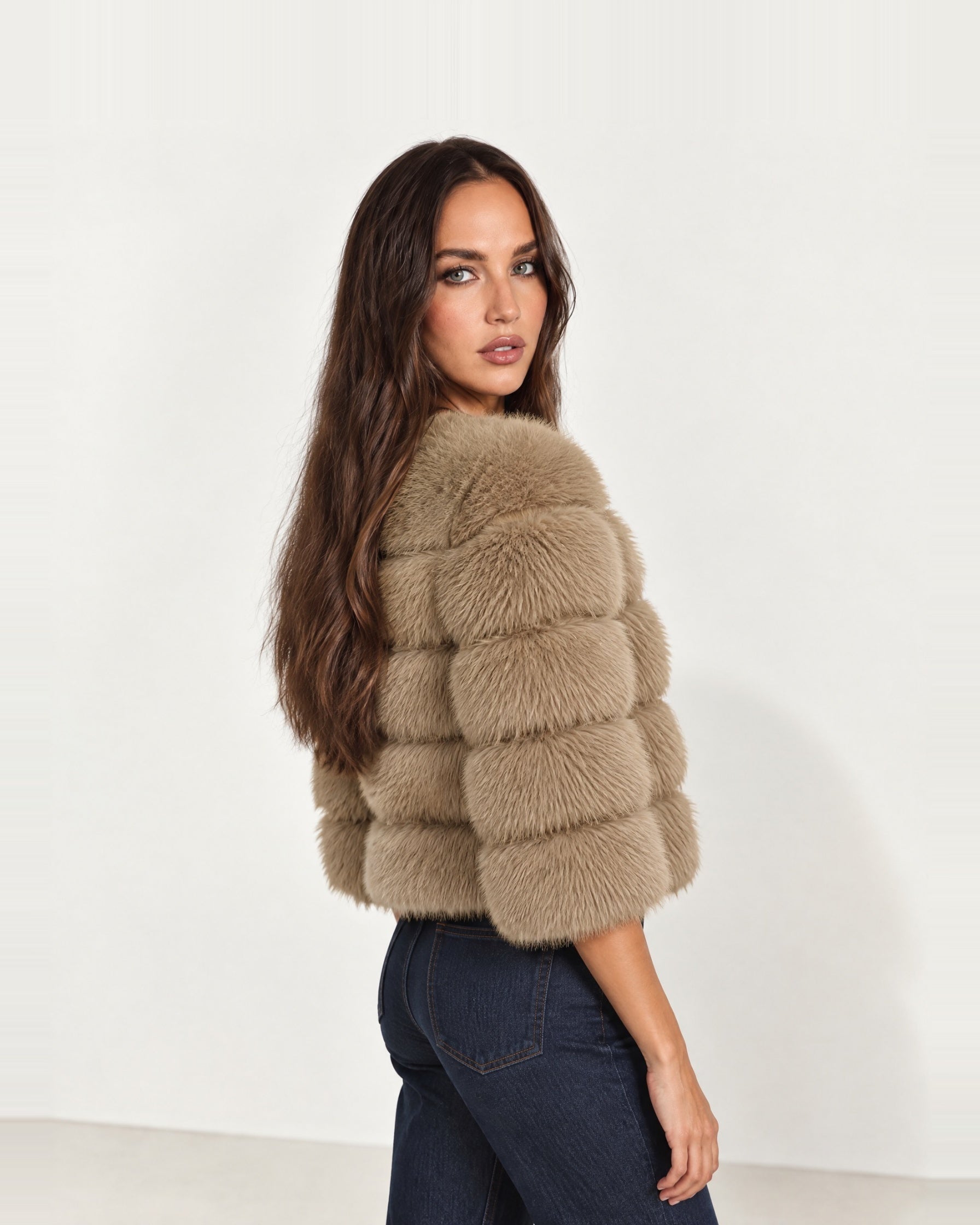 Camel Faux Fur Jacket Tiered Cropped