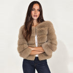 Camel Faux Fur Jacket Tiered Cropped