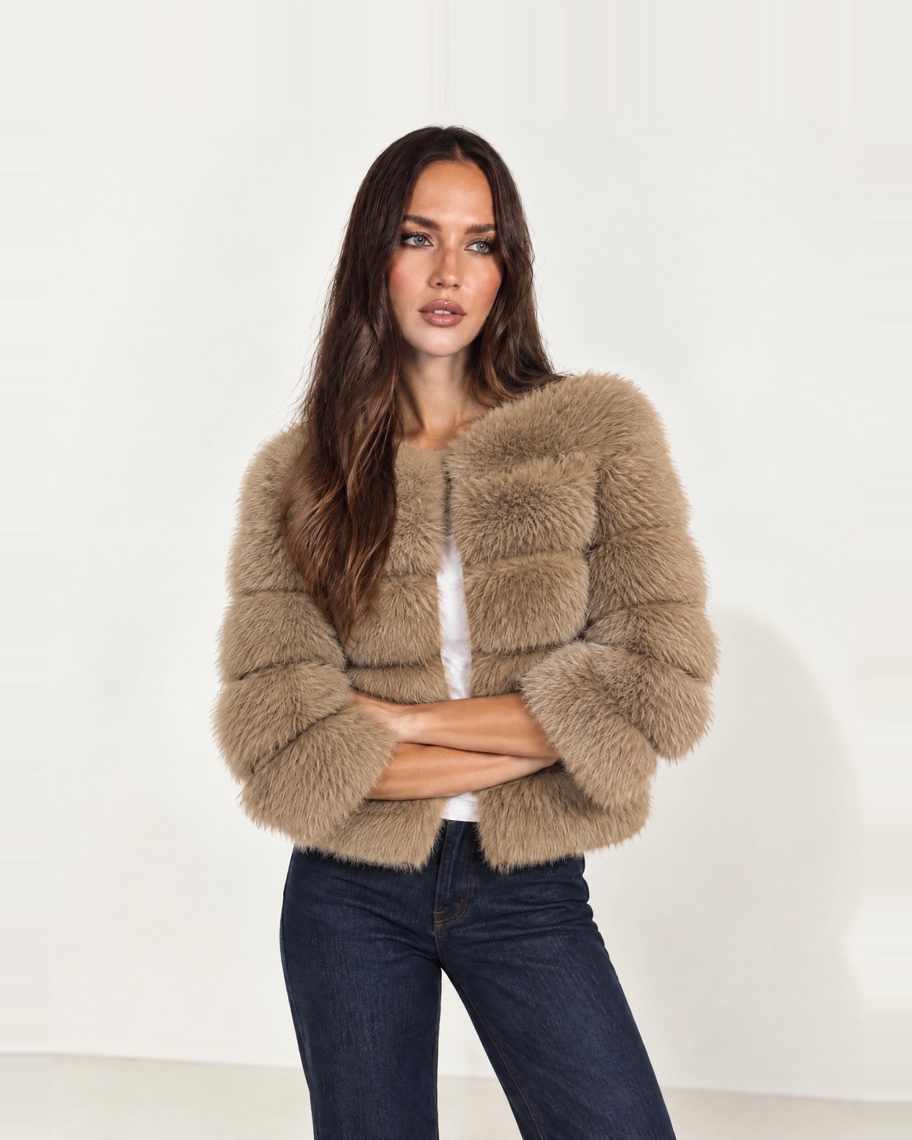 Camel Faux Fur Jacket Tiered Cropped