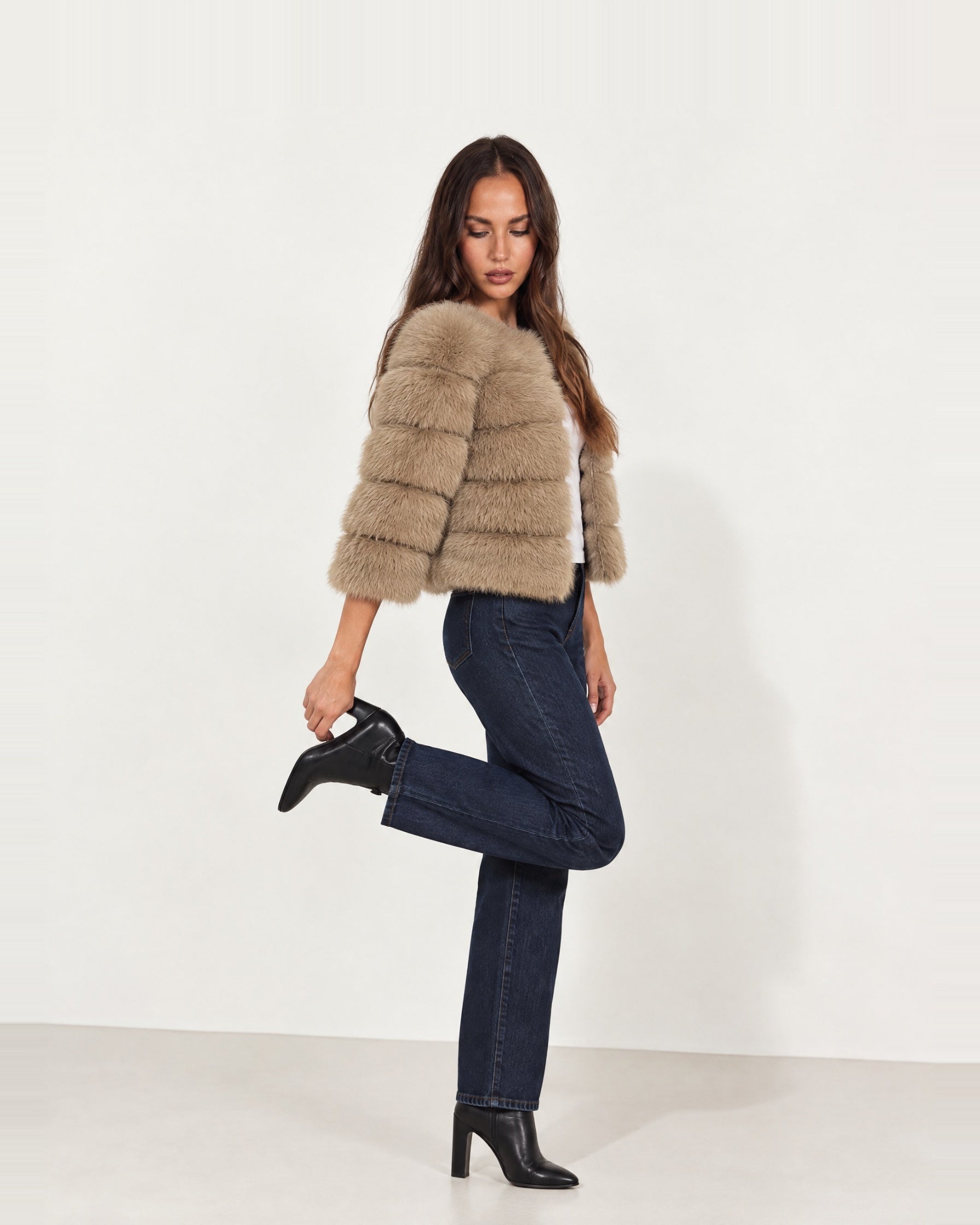 Camel Faux Fur Jacket Tiered Cropped
