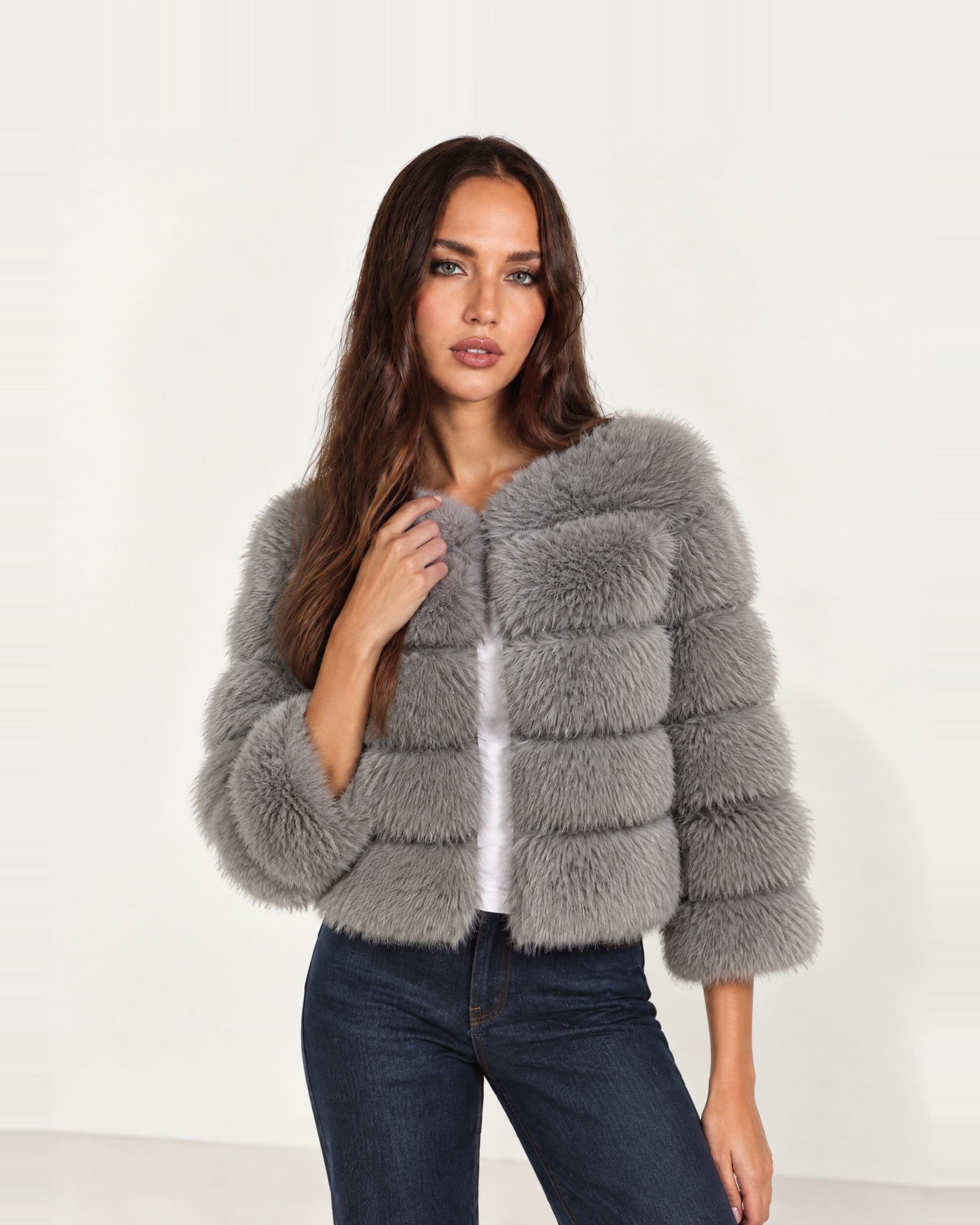 Grey Faux Fur Jacket Tiered Cropped