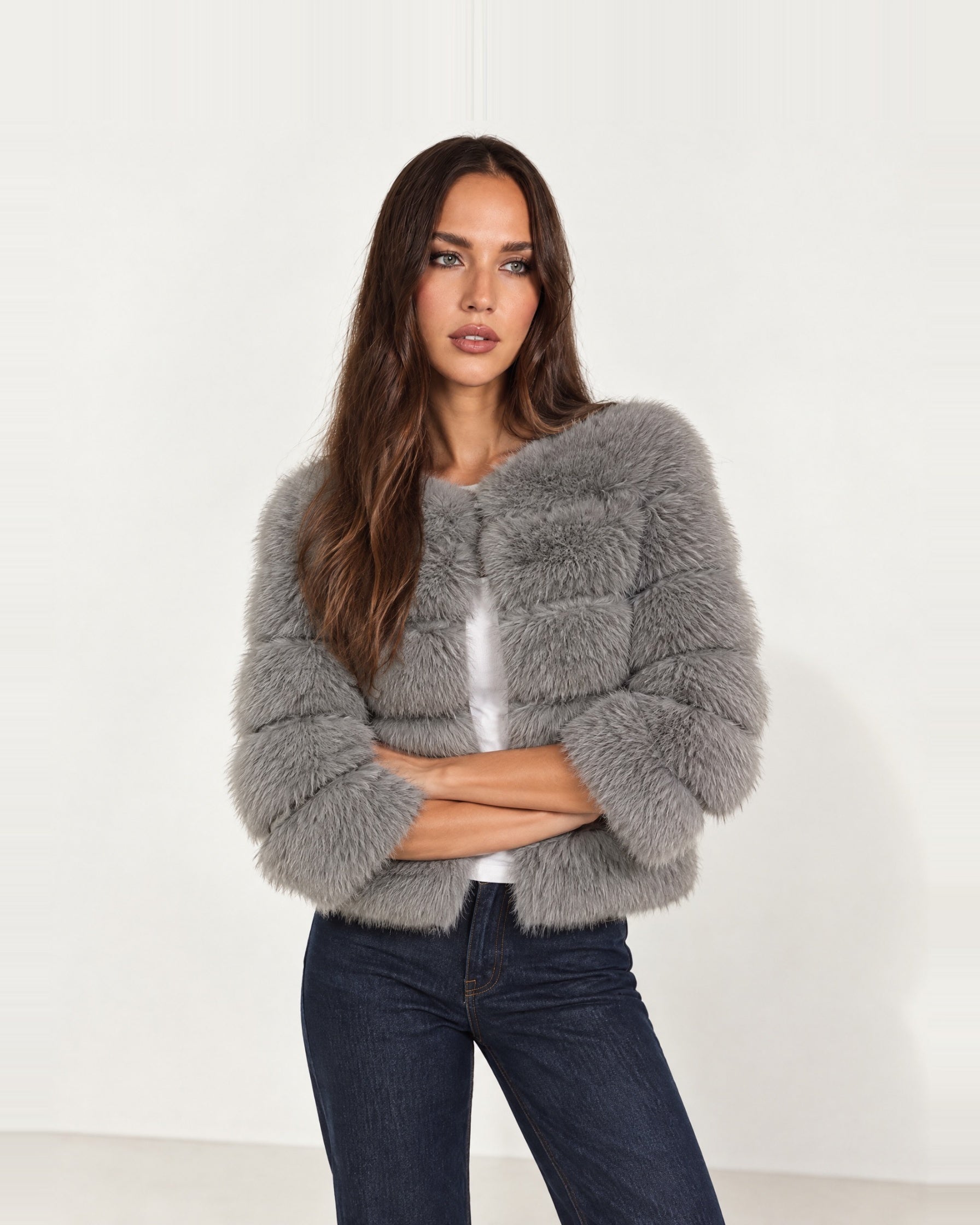 Grey Faux Fur Jacket Tiered Cropped
