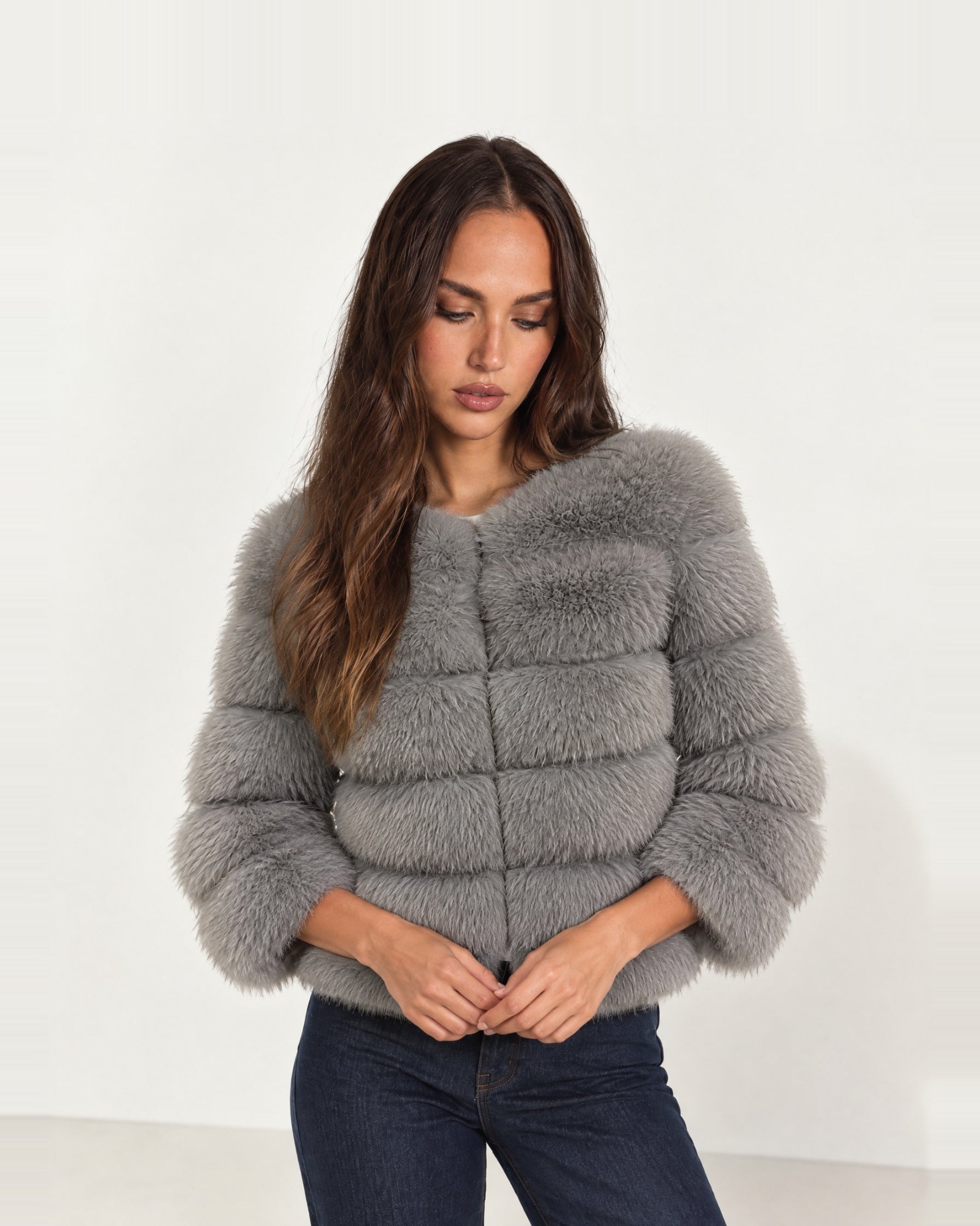 Grey Faux Fur Jacket Tiered Cropped