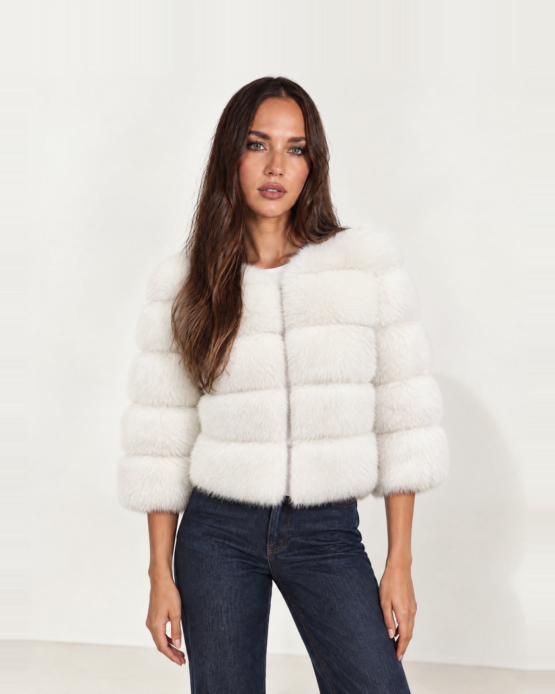 White Faux Fur Jacket Tiered Cropped