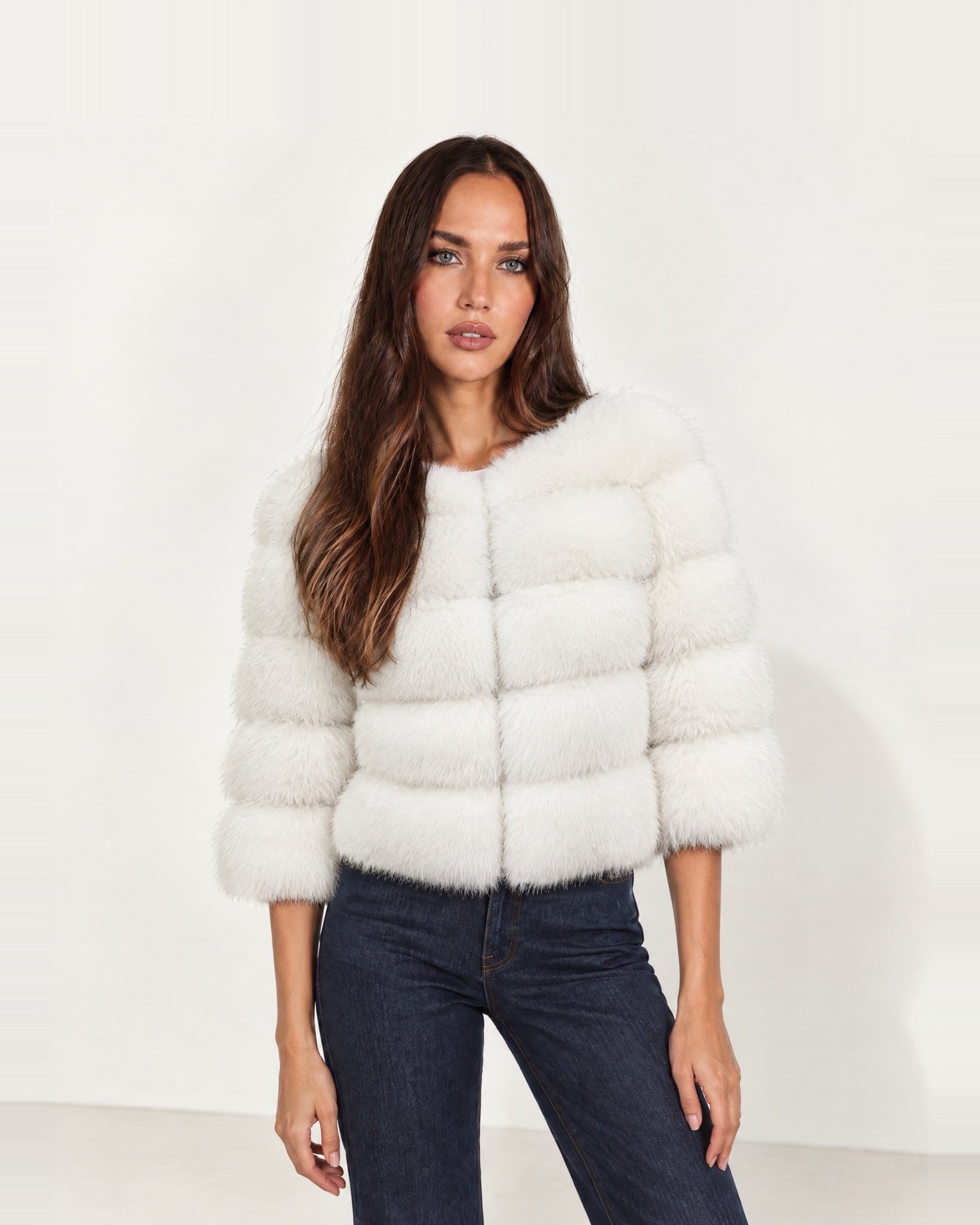 White Faux Fur Jacket Tiered Cropped