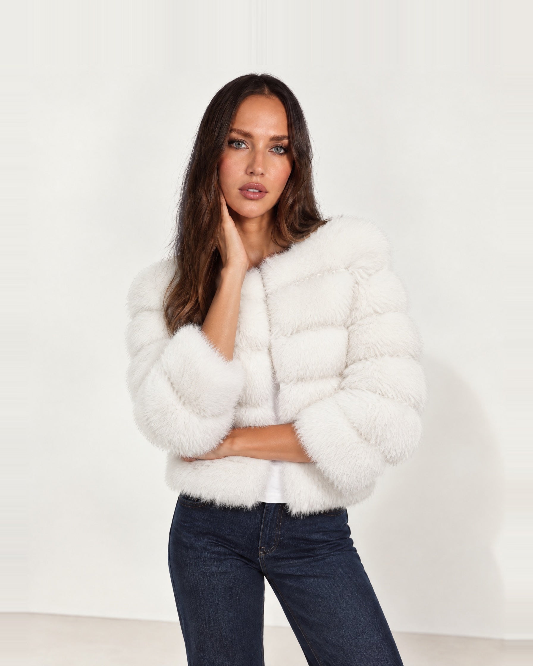 White Faux Fur Jacket Tiered Cropped