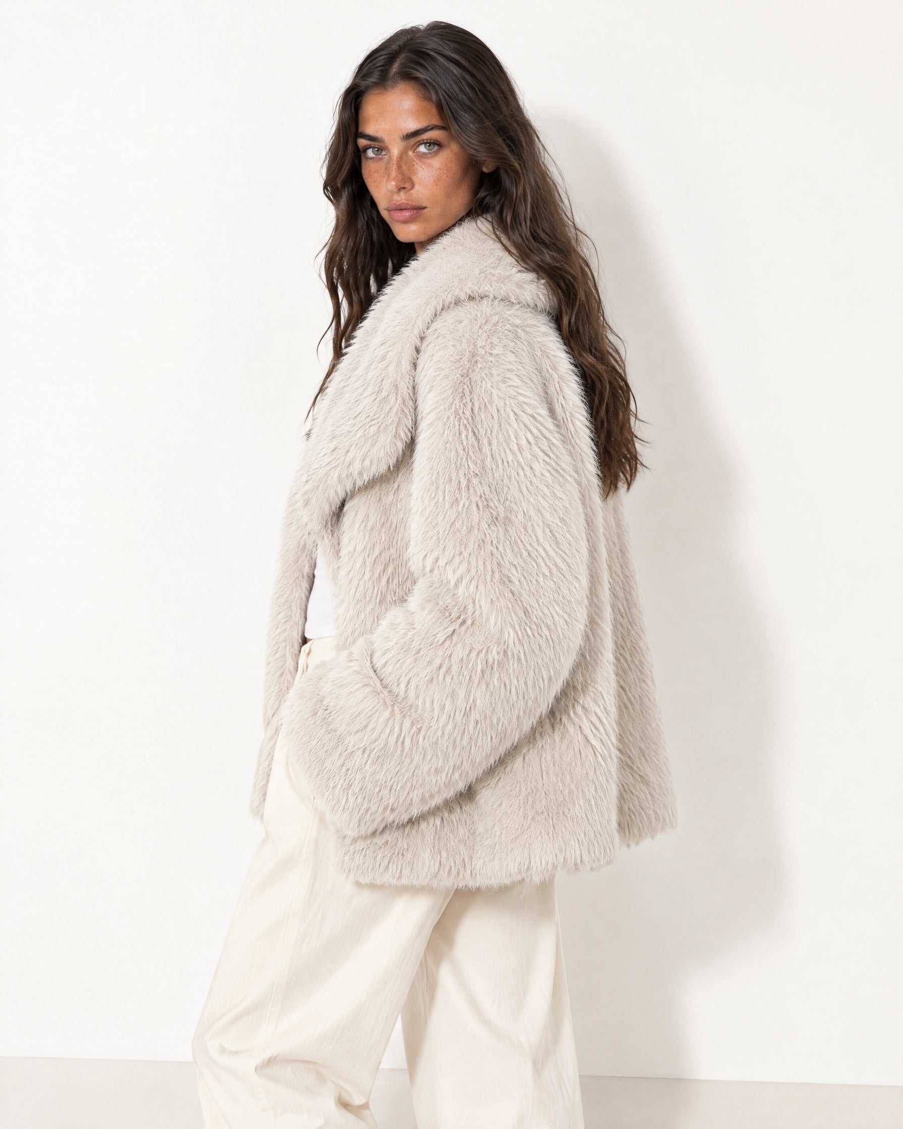 Beige Faux Fur Jacket Shawl Collar Oversized