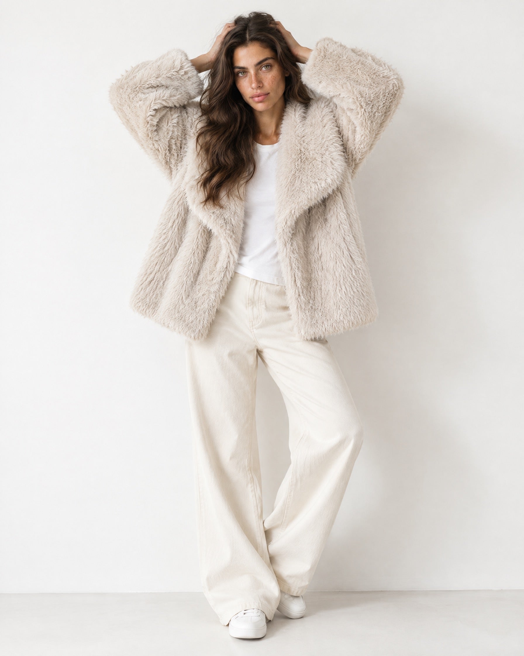 Beige Faux Fur Jacket Shawl Collar Oversized
