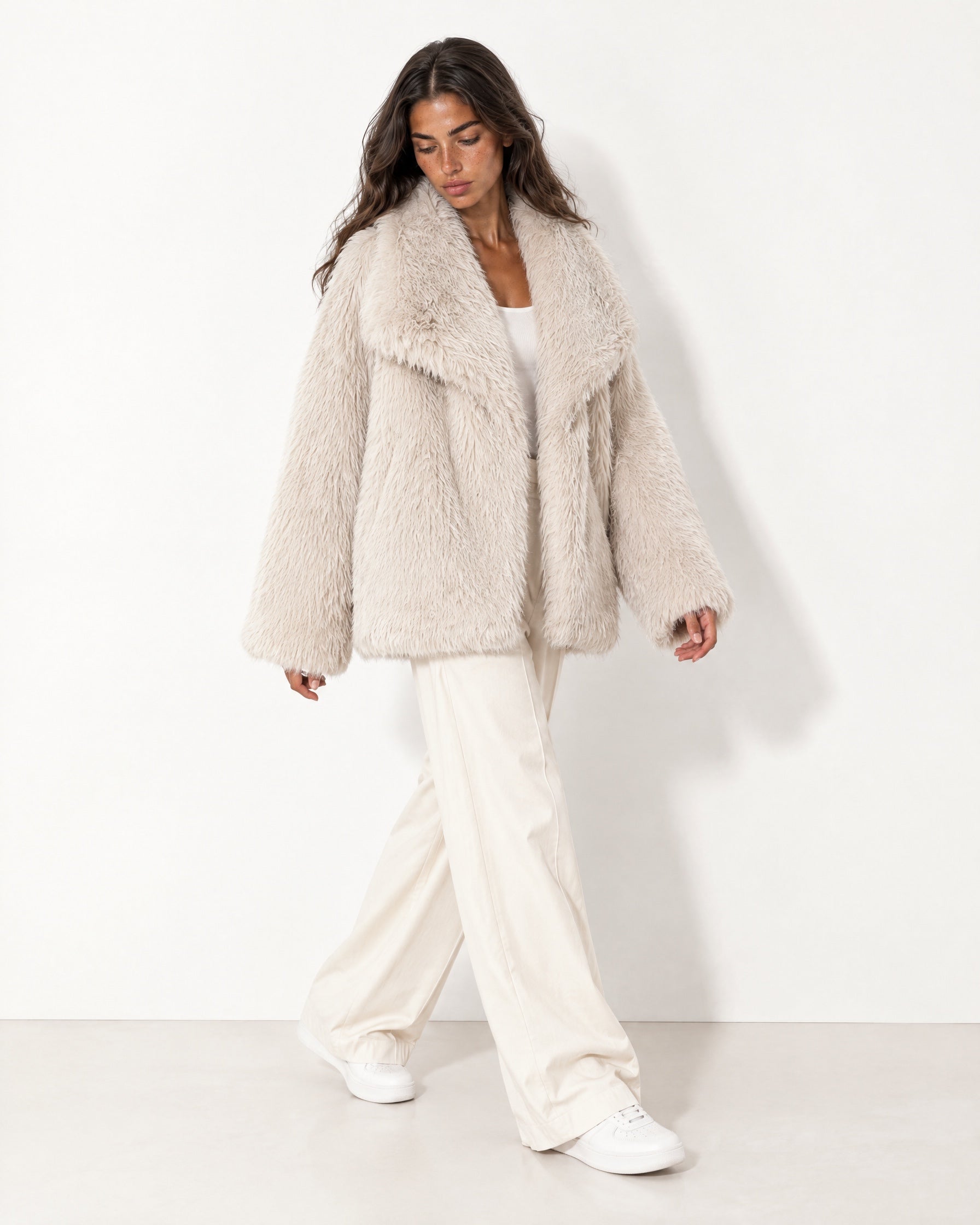 Beige Faux Fur Jacket Shawl Collar Oversized