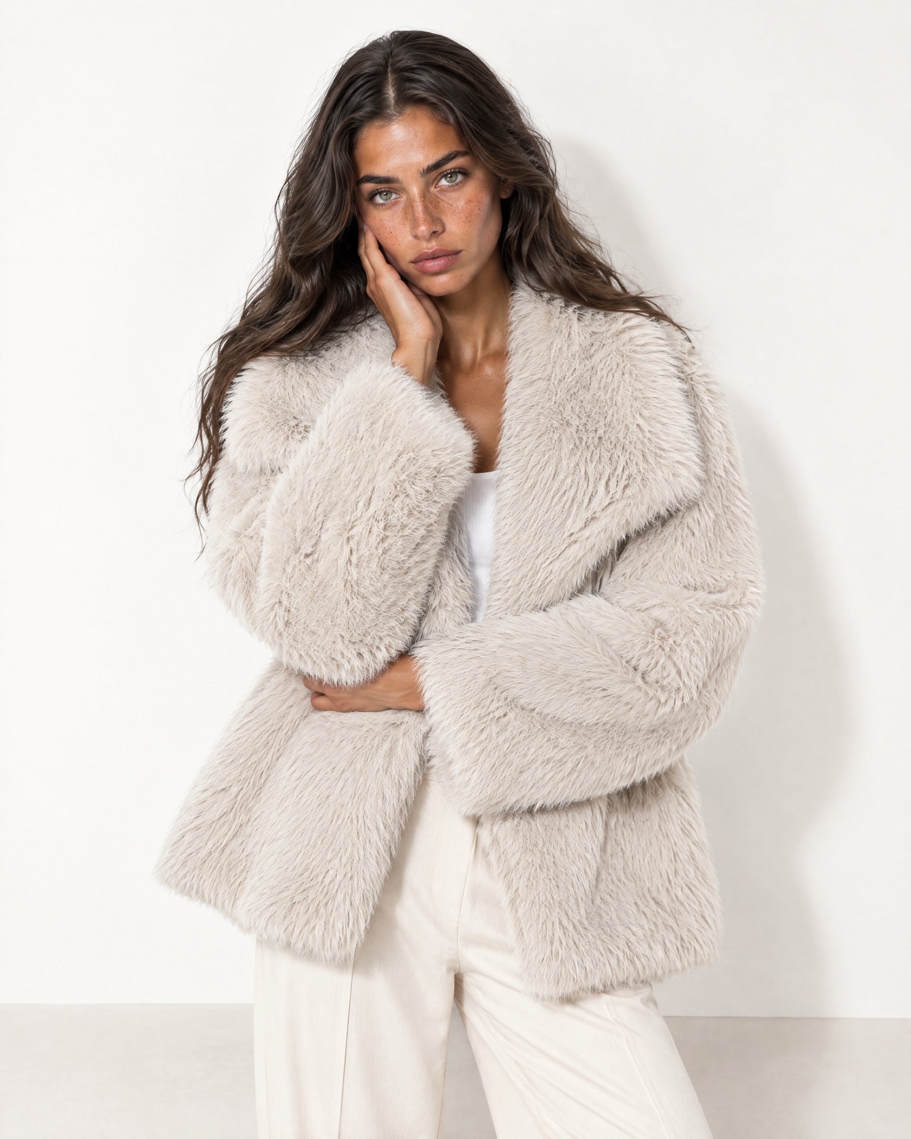 Beige Faux Fur Jacket Shawl Collar Oversized