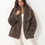 Brown Faux Fur Jacket Shawl Collar Oversized