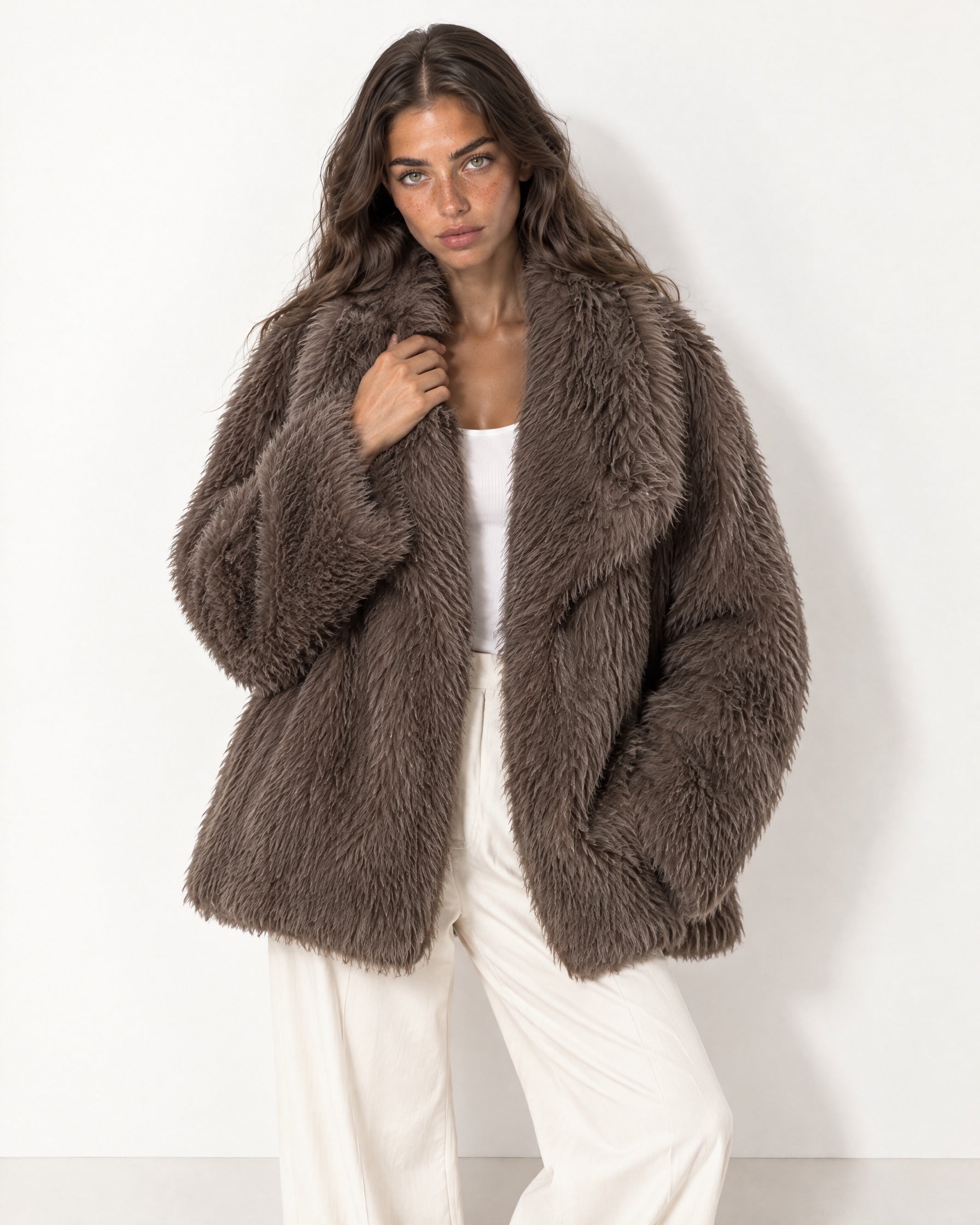 Brown Faux Fur Jacket Shawl Collar Oversized