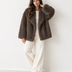 Brown Faux Fur Jacket Shawl Collar Oversized