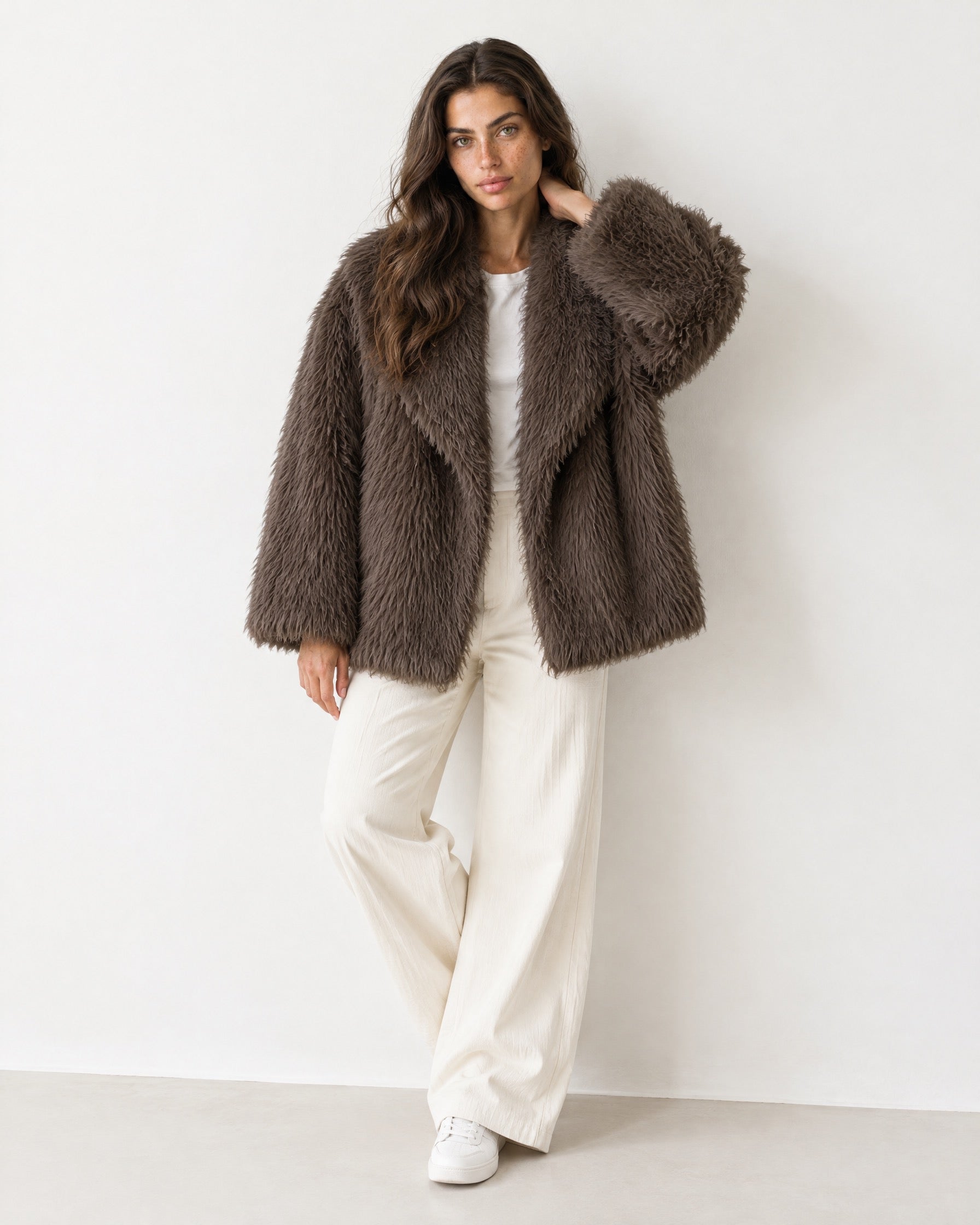 Brown Faux Fur Jacket Shawl Collar Oversized