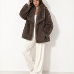 Brown Faux Fur Jacket Shawl Collar Oversized