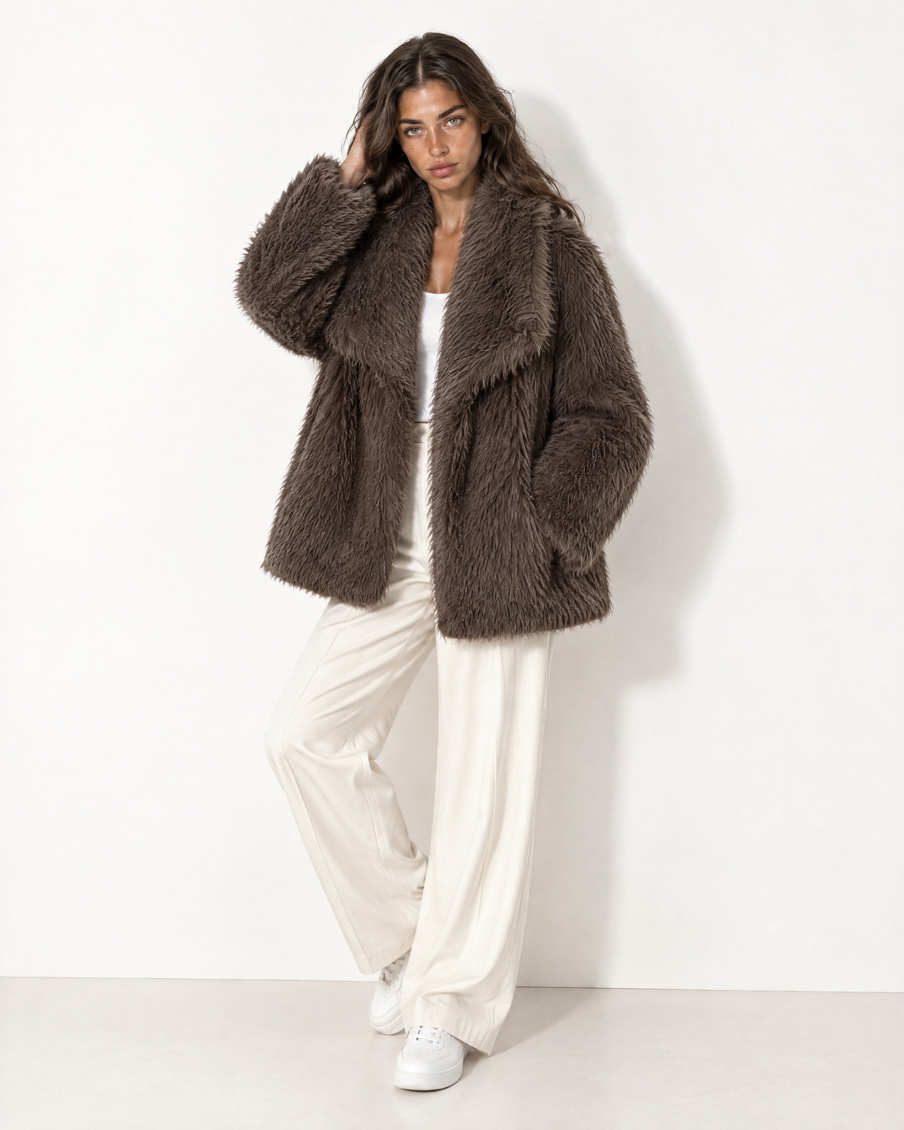 Brown Faux Fur Jacket Shawl Collar Oversized