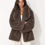 Brown Faux Fur Jacket Shawl Collar Oversized