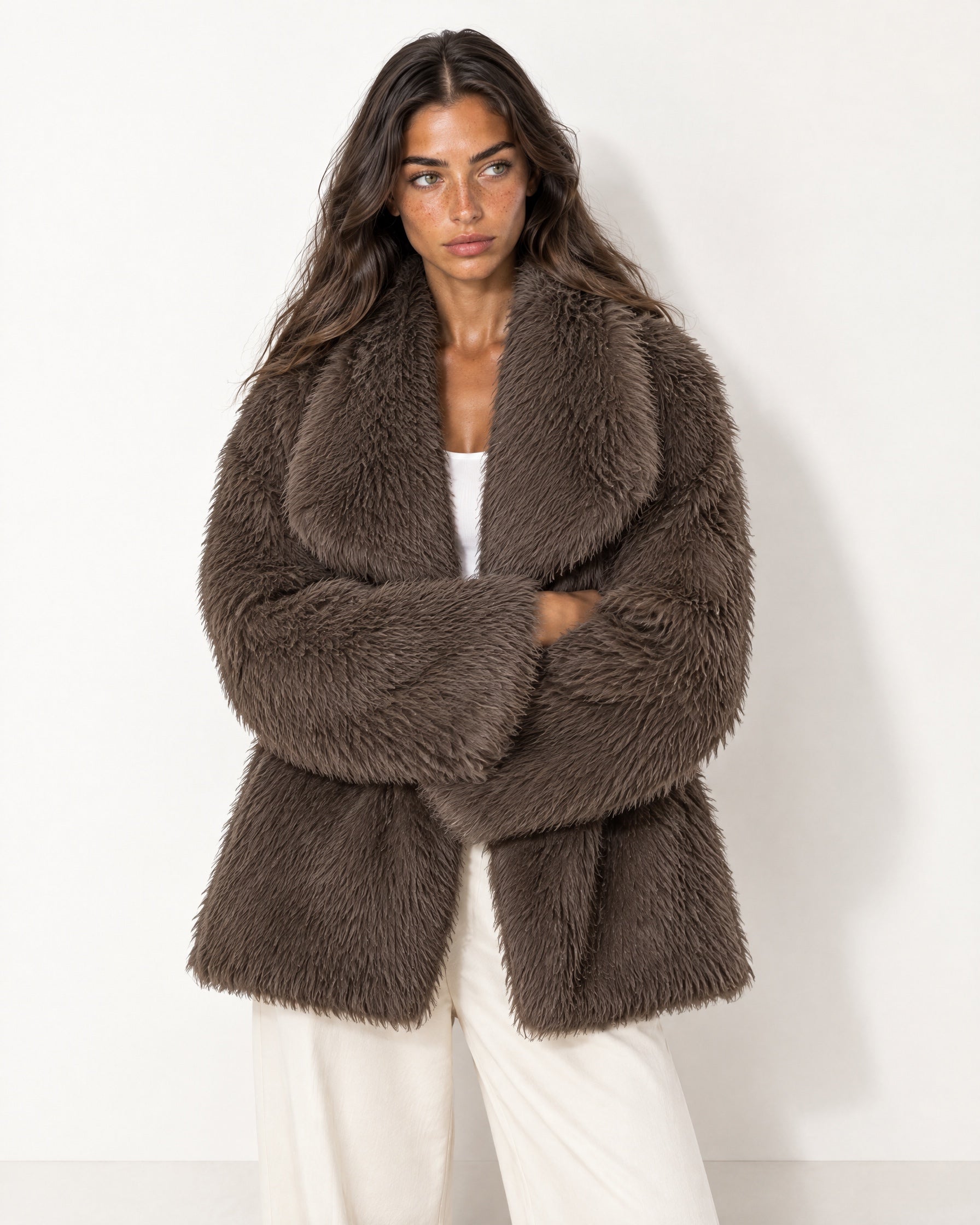 Brown Faux Fur Jacket Shawl Collar Oversized