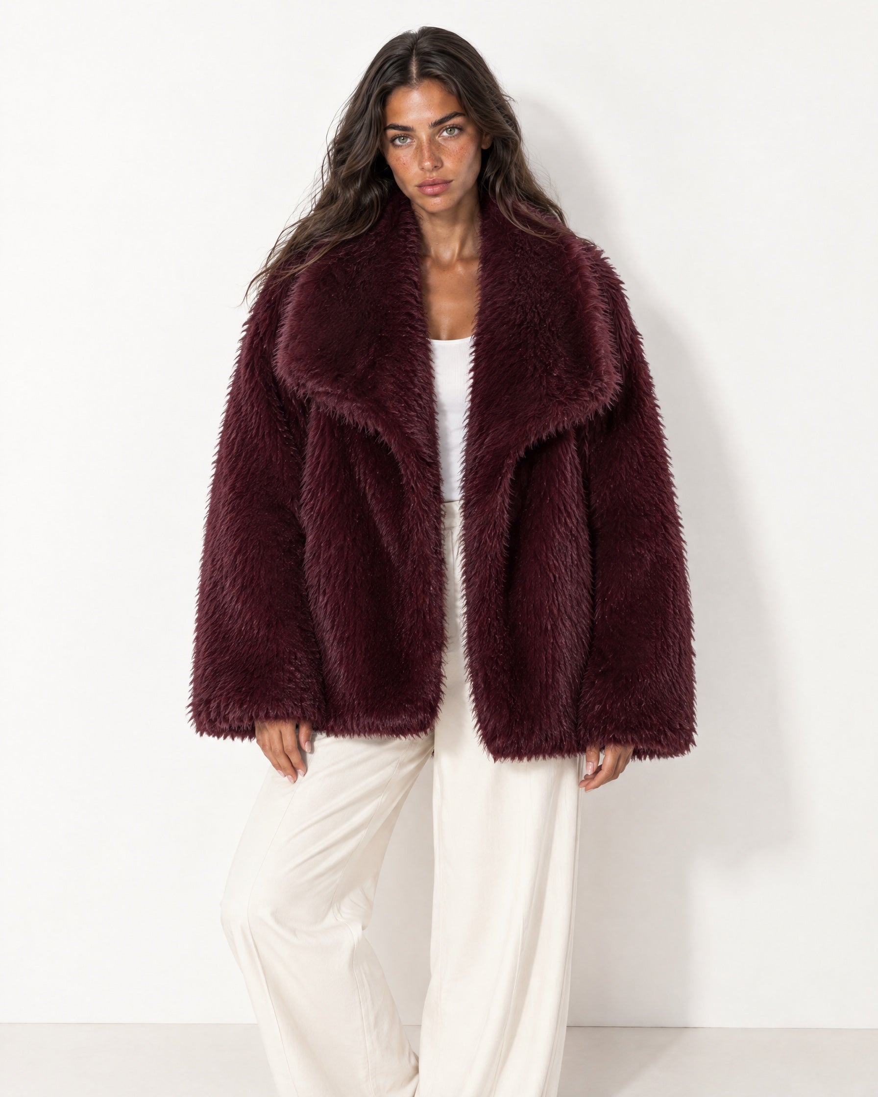 Burgundy Faux Fur Jacket Shawl Collar Oversized