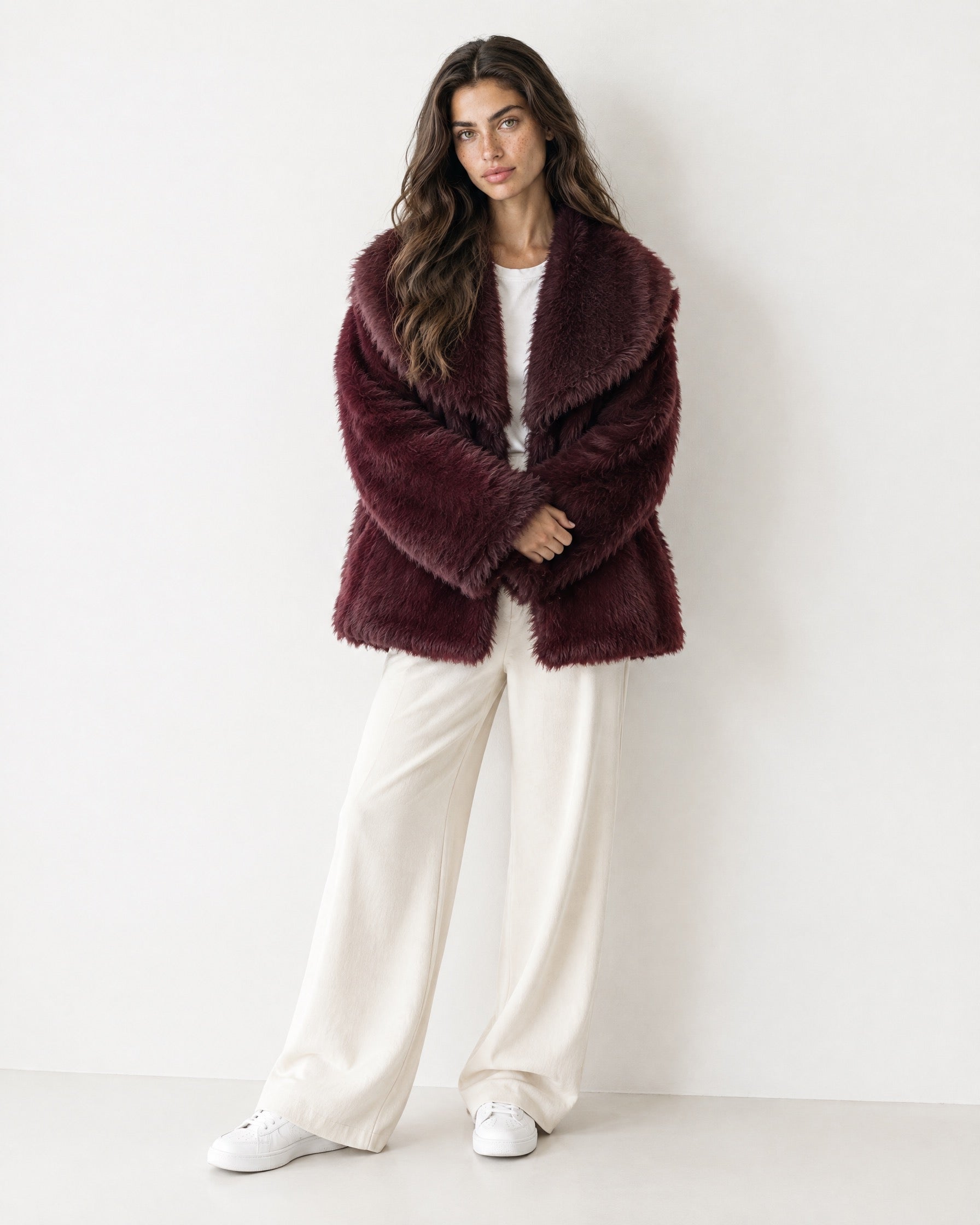 Burgundy Faux Fur Jacket Shawl Collar Oversized