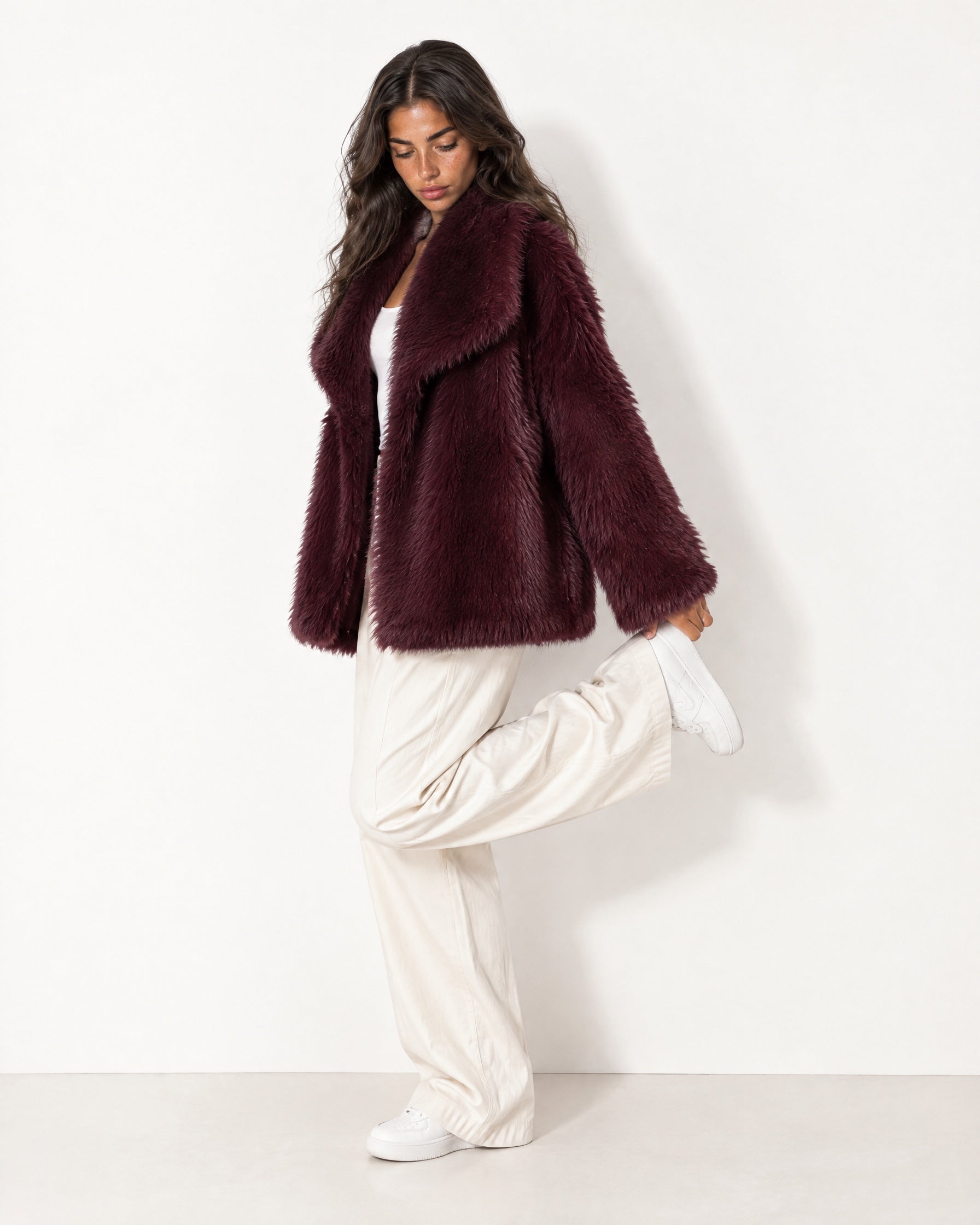 Burgundy Faux Fur Jacket Shawl Collar Oversized