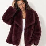 Burgundy Faux Fur Jacket Shawl Collar Oversized