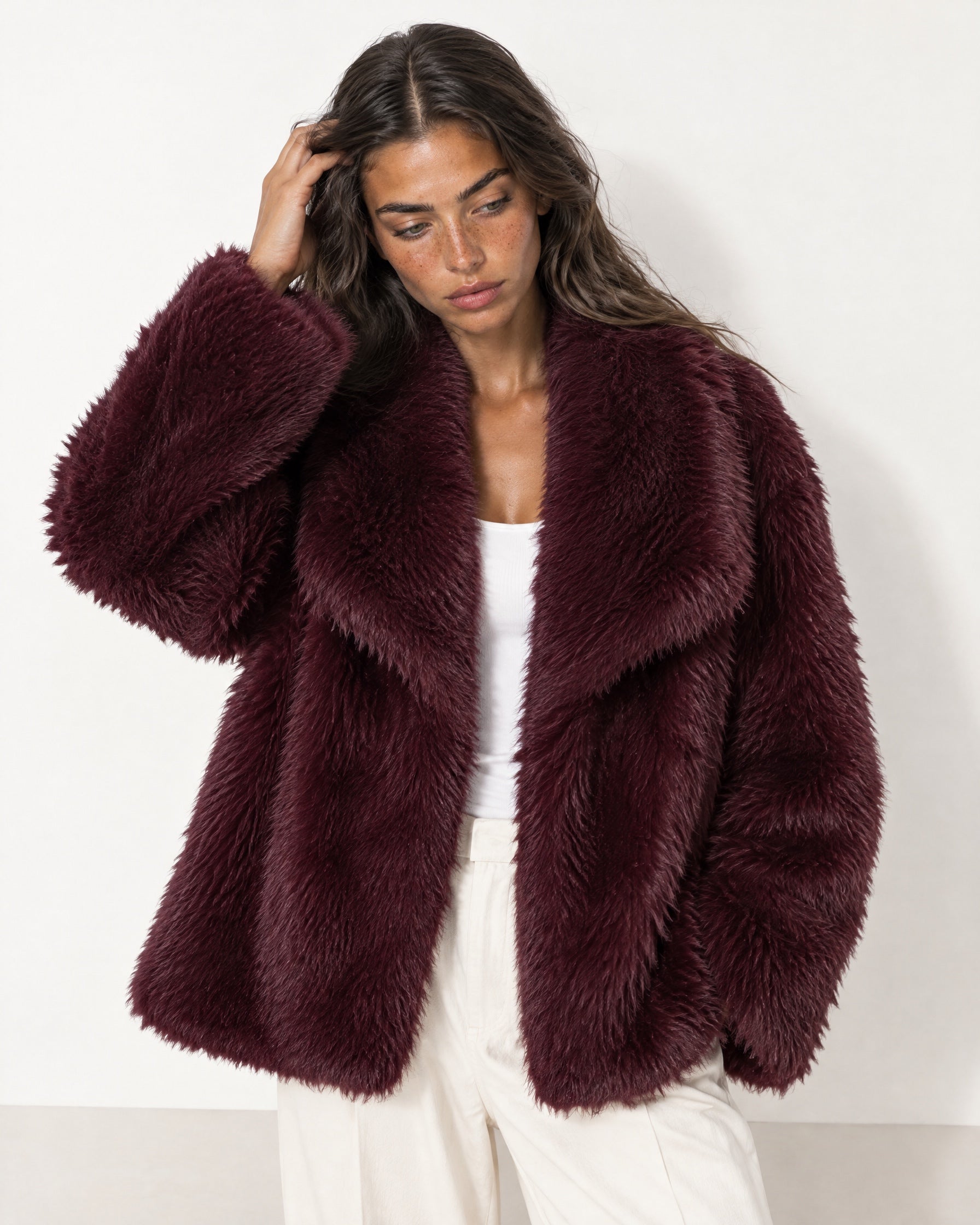 Burgundy Faux Fur Jacket Shawl Collar Oversized