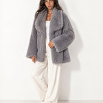 Grey Faux Fur Jacket Shawl Collar Oversized