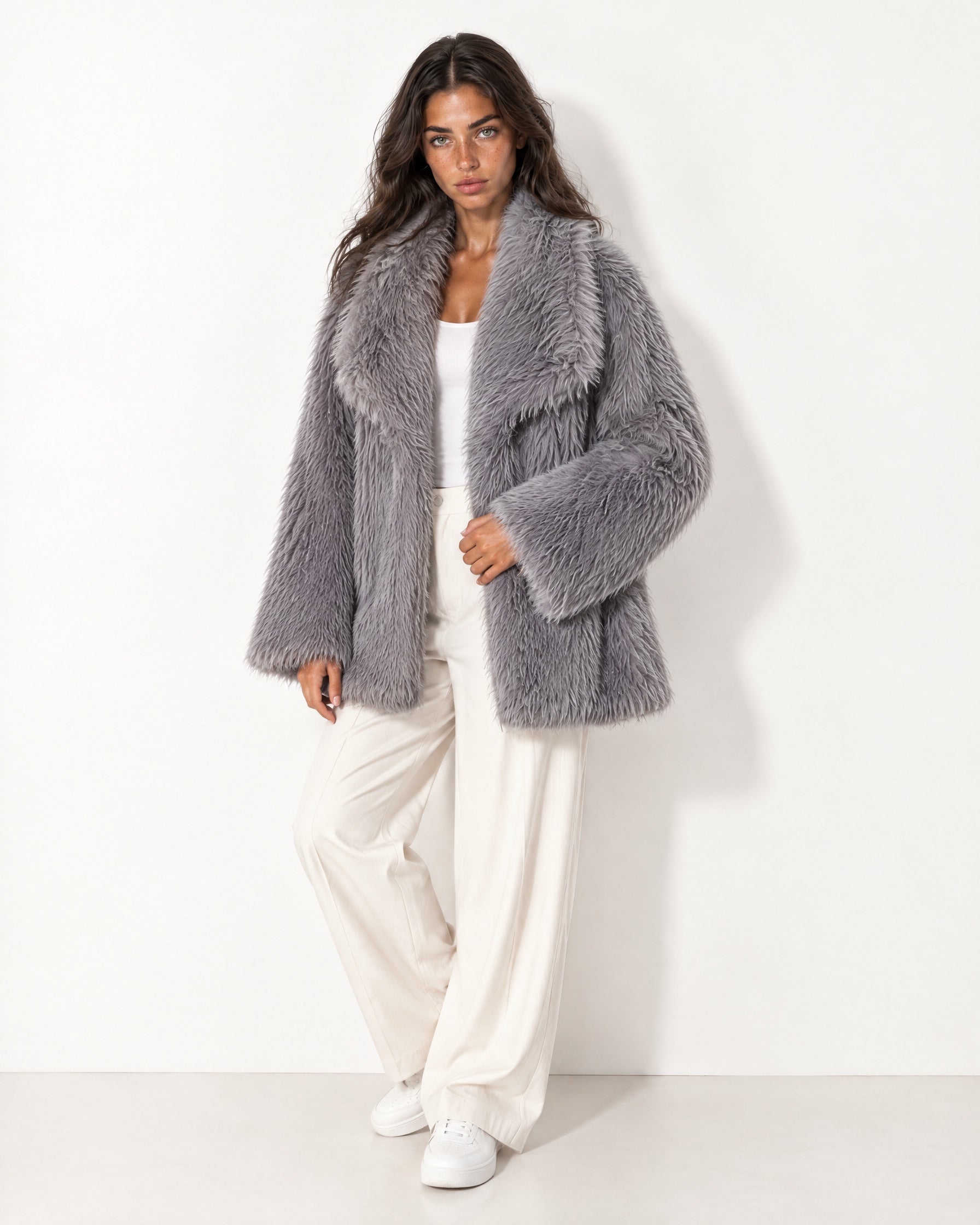 Grey Faux Fur Jacket Shawl Collar Oversized