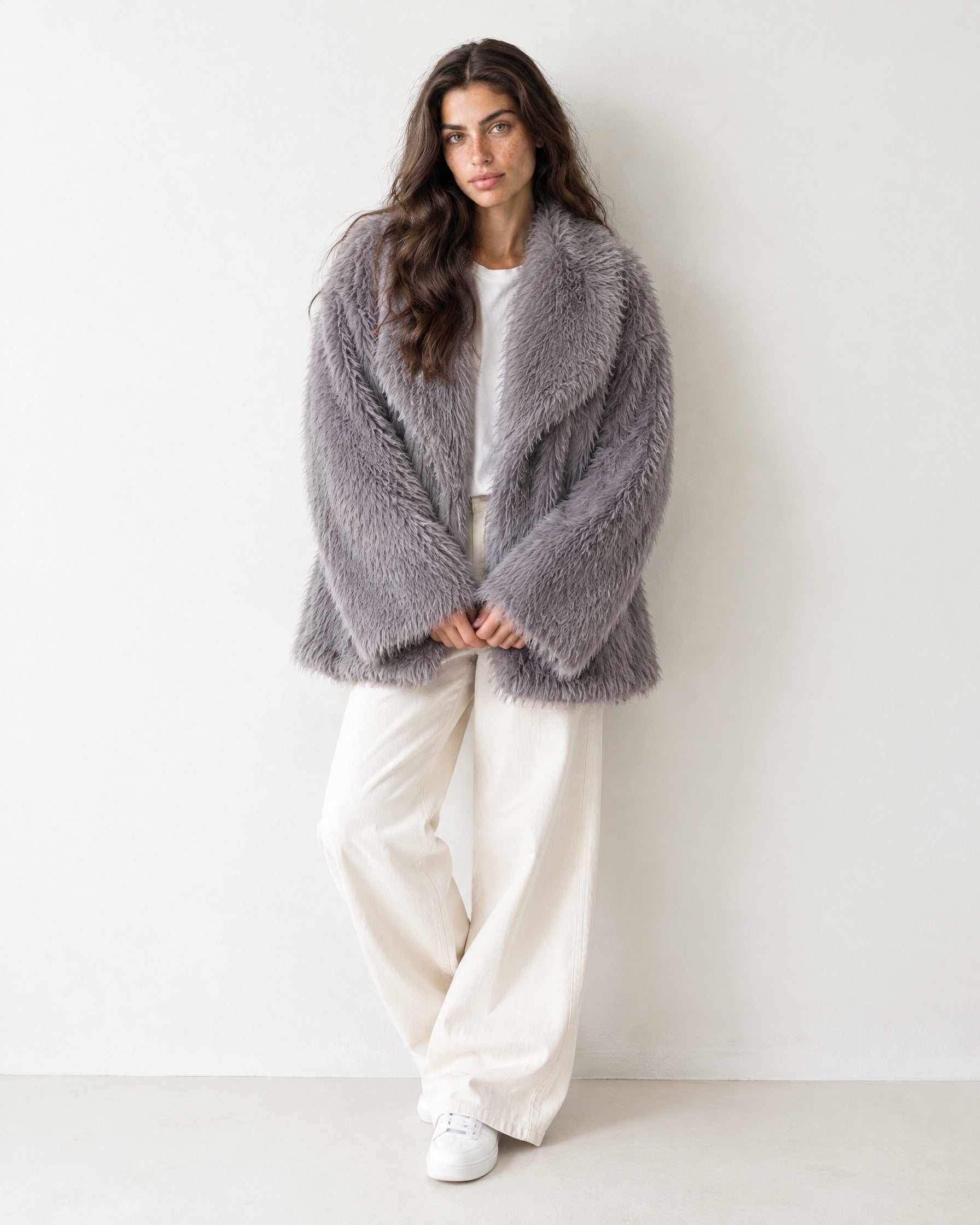 Grey Faux Fur Jacket Shawl Collar Oversized