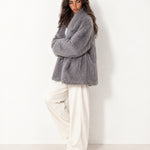 Grey Faux Fur Jacket Shawl Collar Oversized