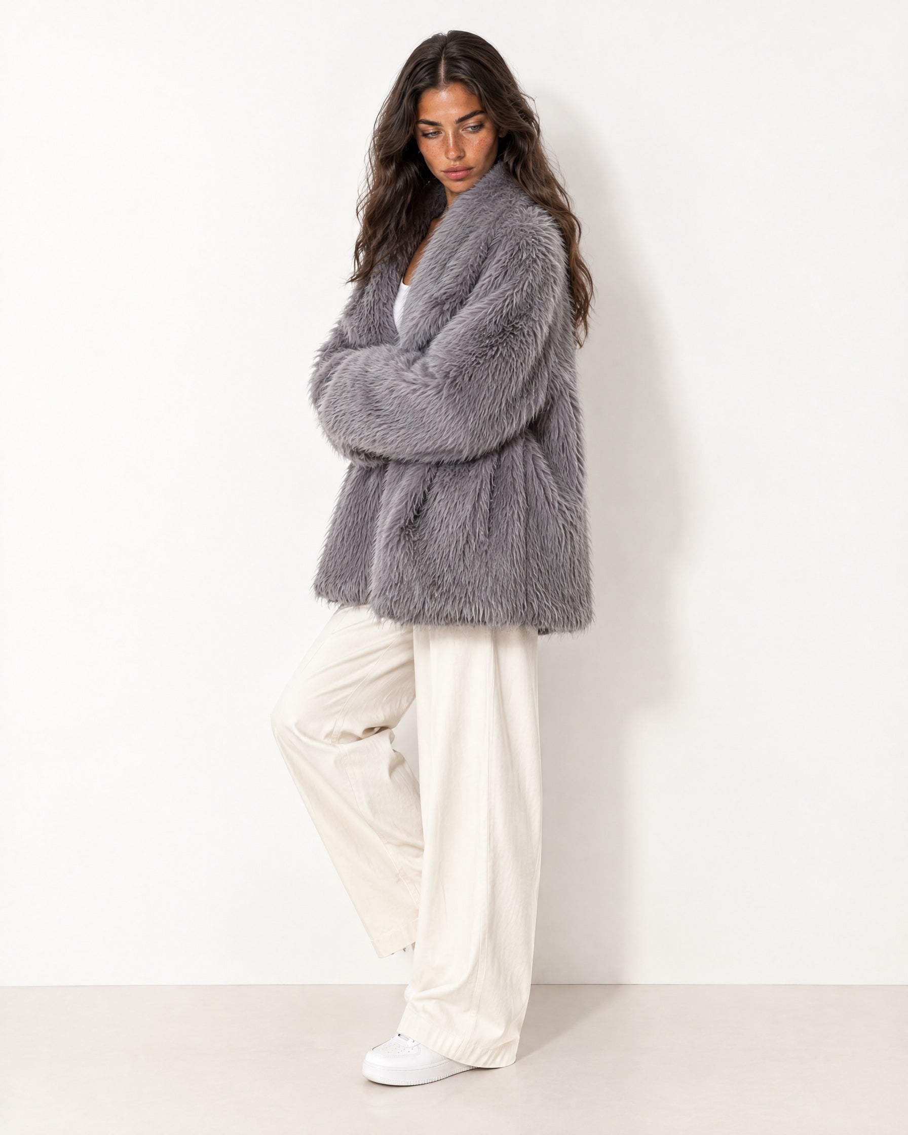 Grey Faux Fur Jacket Shawl Collar Oversized