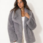 Grey Faux Fur Jacket Shawl Collar Oversized