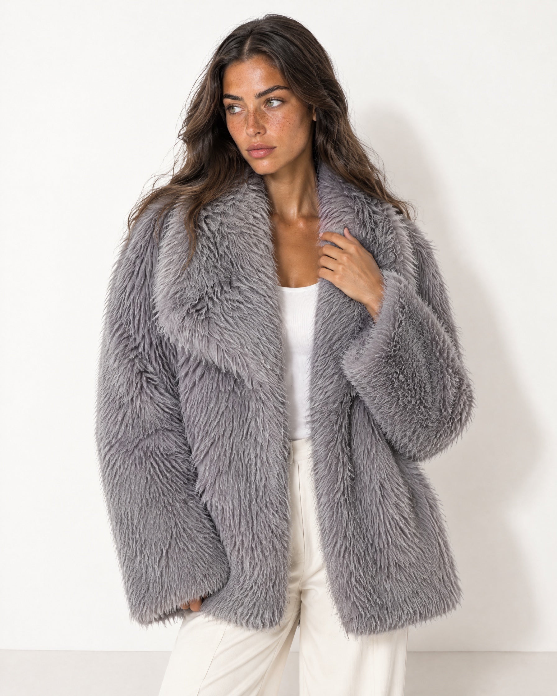 Grey Faux Fur Jacket Shawl Collar Oversized