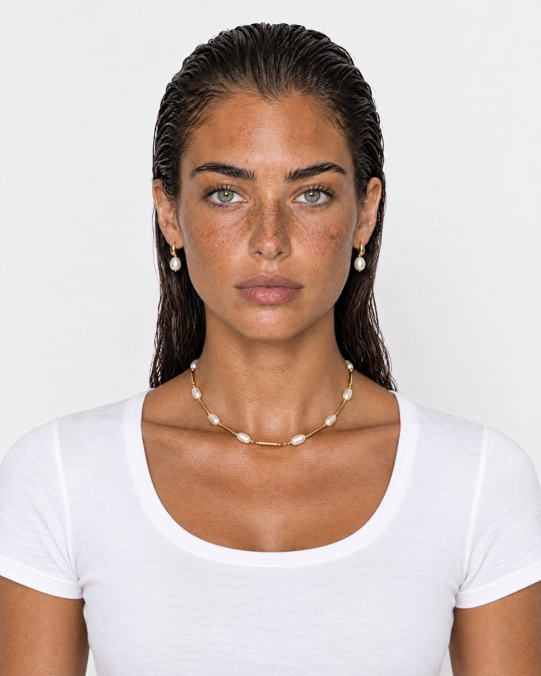 Faux Pearl Necklace Gold Tone Bar Links - Gold