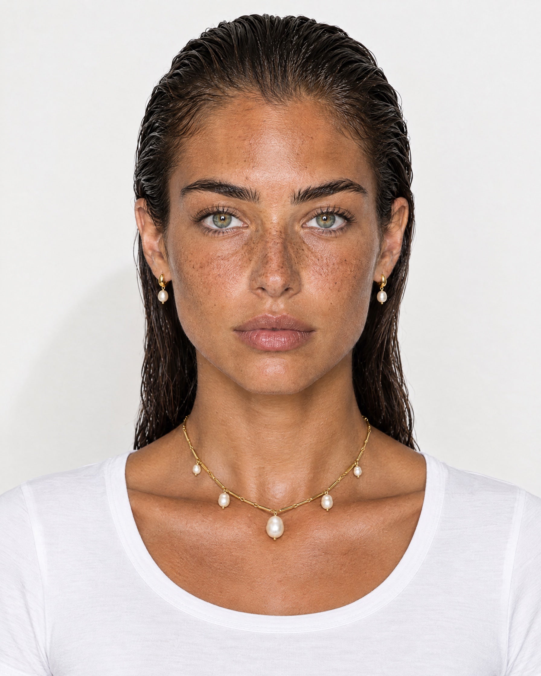 Faux Pearl Drop Necklace Gold Tone Chain - Gold