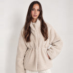 Oatmeal Teddy Jacket Stand Collar Drawstring Waist