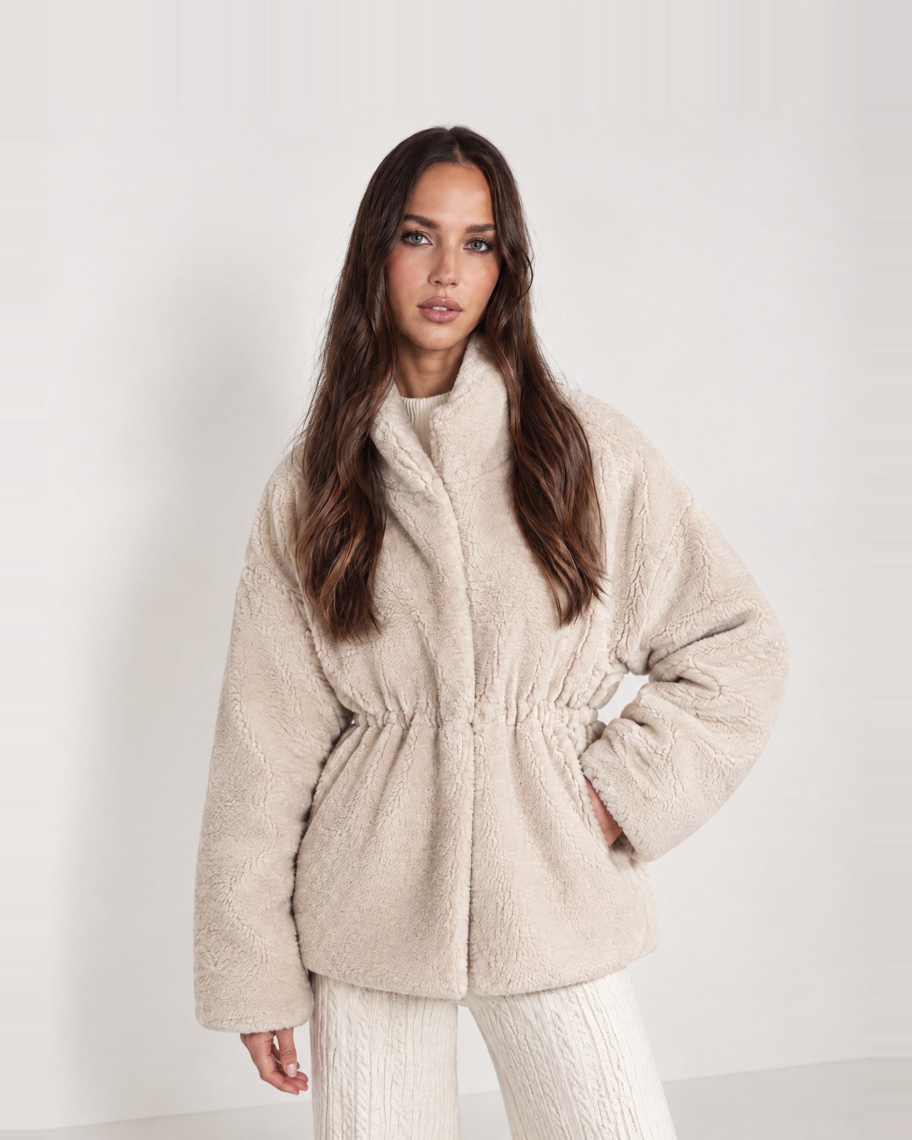 Oatmeal Teddy Jacket Stand Collar Drawstring Waist