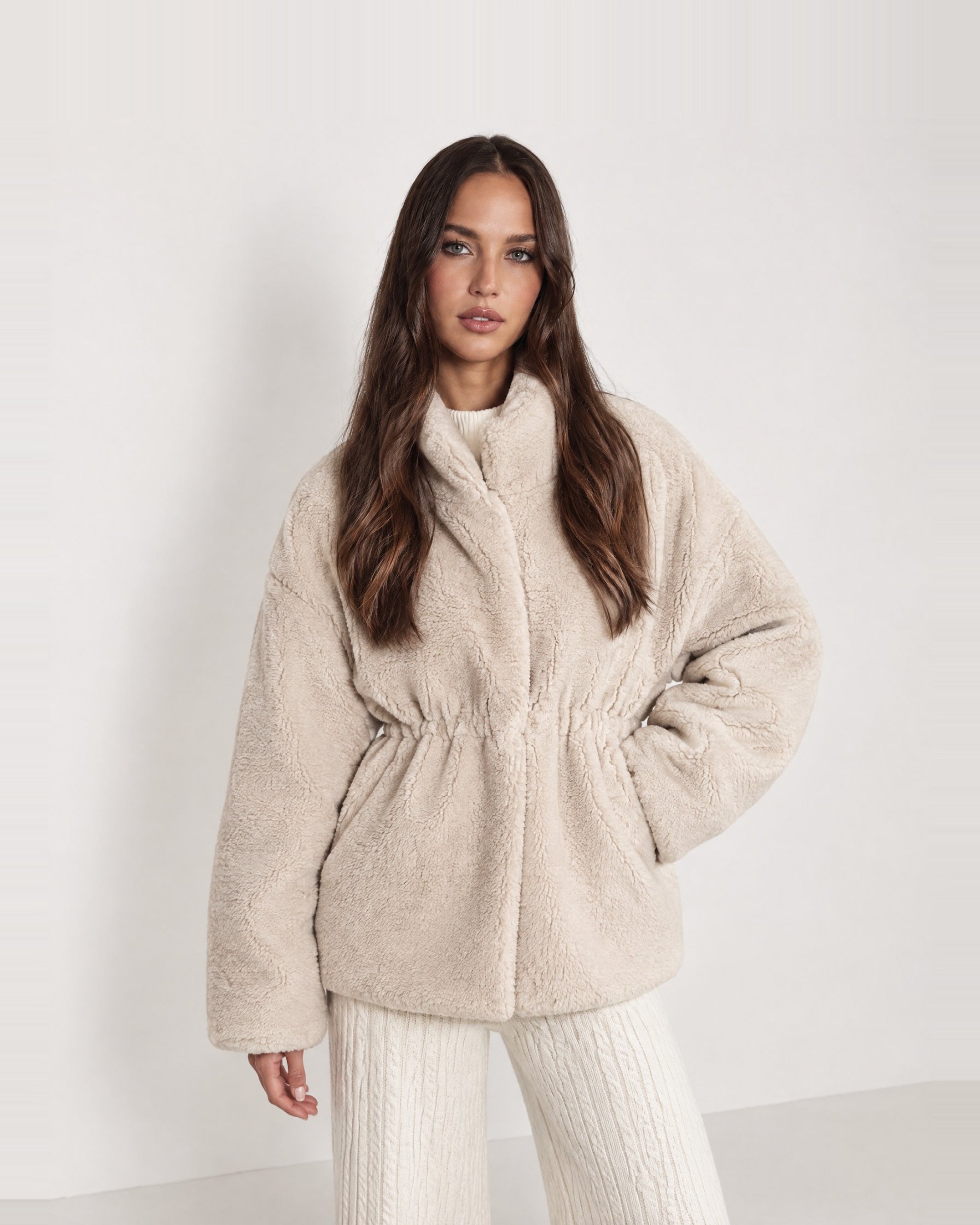 Oatmeal Teddy Jacket Stand Collar Drawstring Waist