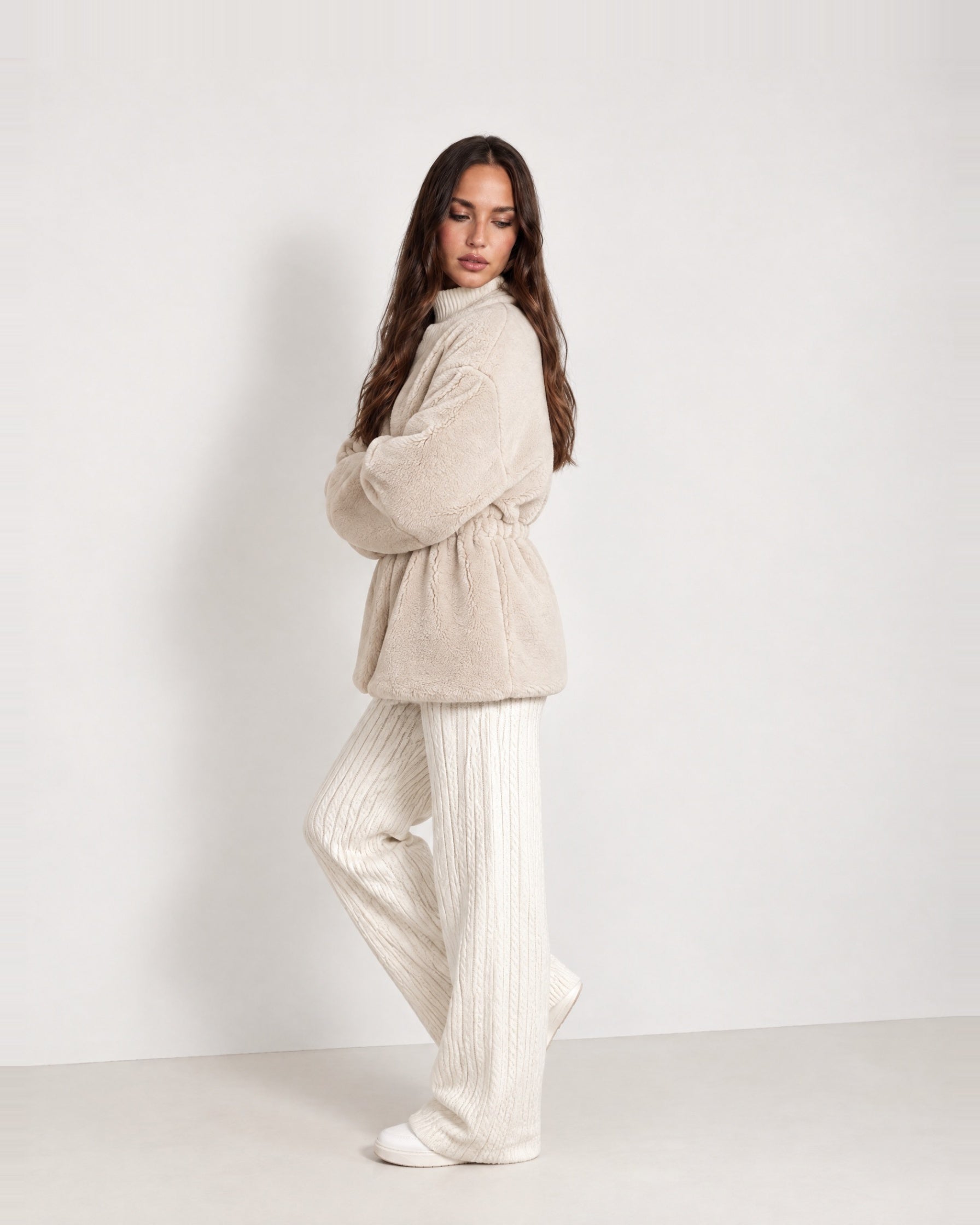 Oatmeal Teddy Jacket Stand Collar Drawstring Waist