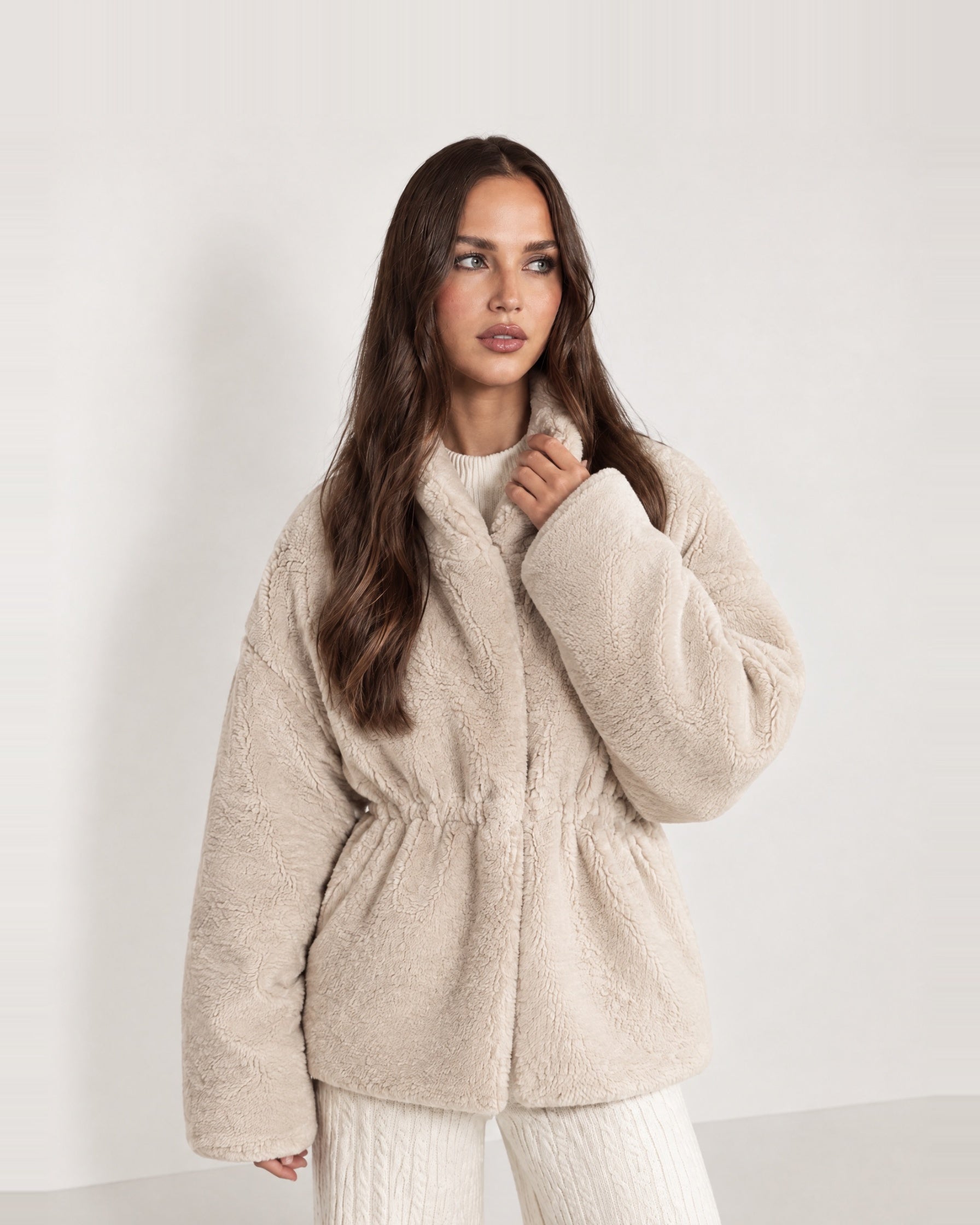 Oatmeal Teddy Jacket Stand Collar Drawstring Waist
