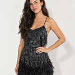 Black Feather Mini Dress Sequin Fringe